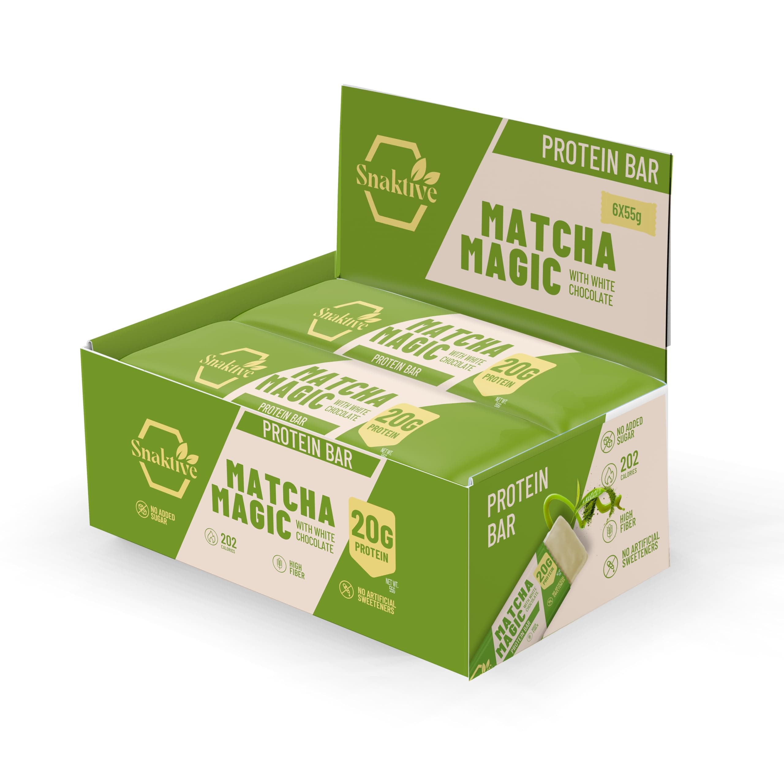 Matcha Magic Protein Bar, High Protein and High Fiber Natural Clean Bar, 6x55G Crunchy Bars, Pre & Probiotics