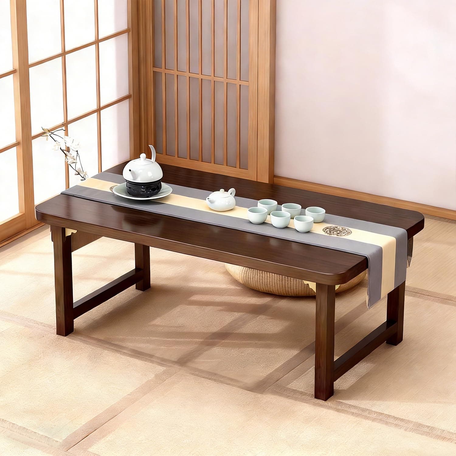 Japanese Folding Floor Table Foldable Coffee Tables Wood Low Desks Versatile for Sitting Dining Table Tea Tatami Desk No Assembly Unique (31.5 * 19.7 * 11.8 inch)