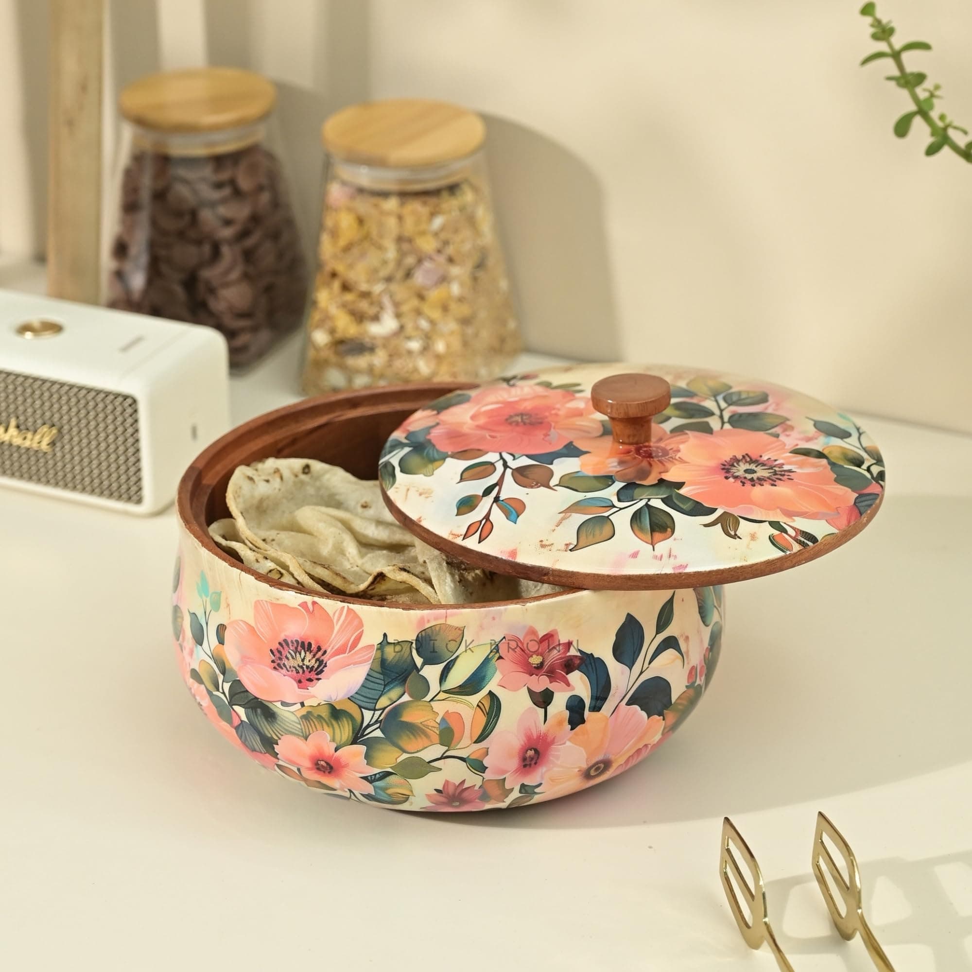 Brick Brown Handcrafted Enamel Coated Wooden Pastel Flora Roti Box | Chapati Box for Kitchen | Hot Pot Casserole for Server Tableware Serving | Case Dabba With Lid (8.5 8.5 5.5 Inch)