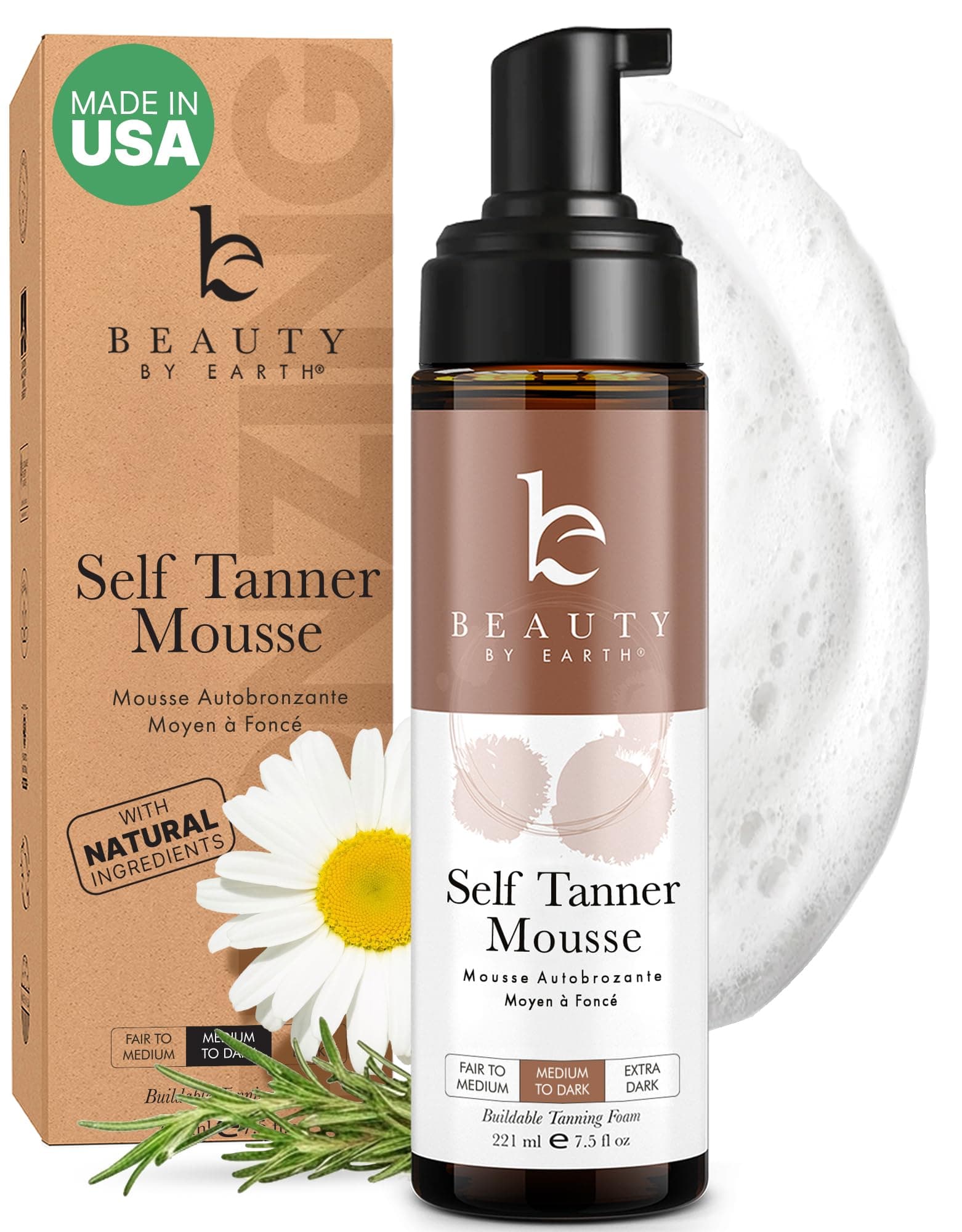 Beauty By Earth Self Tanner Mousse - Medium To Dark Gradual Foam, Sunless Tanner, Natural Mousse, Tanning Foam