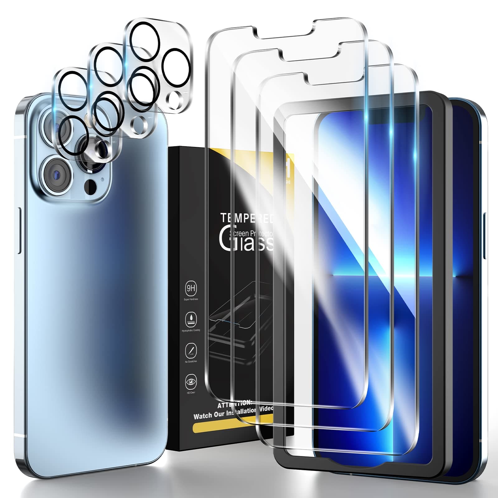 HATOSHI3 Pack Tempered Glass Screen Protector for iPhone 13 Pro Max with 3 Pack Camera Lens Protector, Case Friendly Easy Installation Clear Protective Glass Screen for iPhone 13 Pro Max 6.7-inch