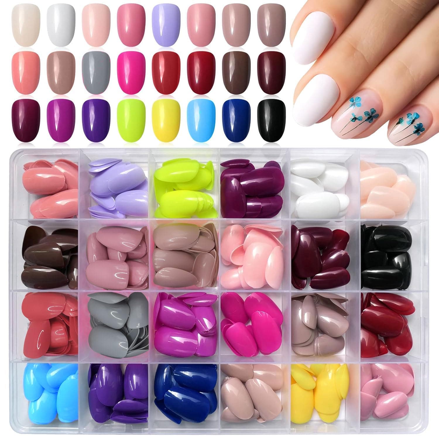 Massmot 24 Color Press On Nails Sets, 576Pcs Glossy Colored Straight Fake Nails, Full Cover Artificial Fingernails Acrylic Tips Manicure Design Decor for Women Girls DIY Nail (Short Round Shape)