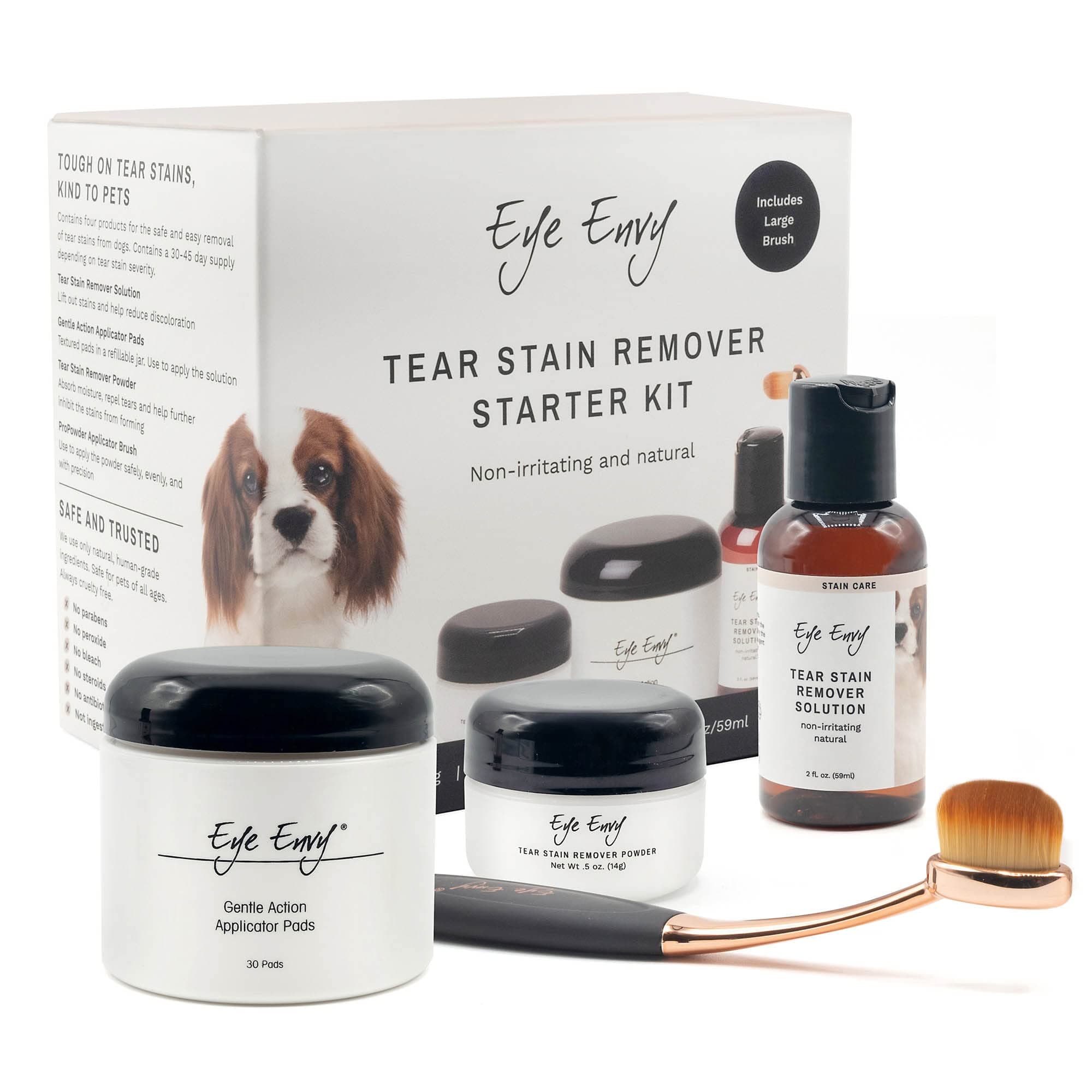 Eye Envy Dog Tear Stain Remover Starter Kit with ProPowder Brush | Stain Solution, Applicator Pads, Stain Powder and Large Applicator Brush | Lasts 30-45 Days