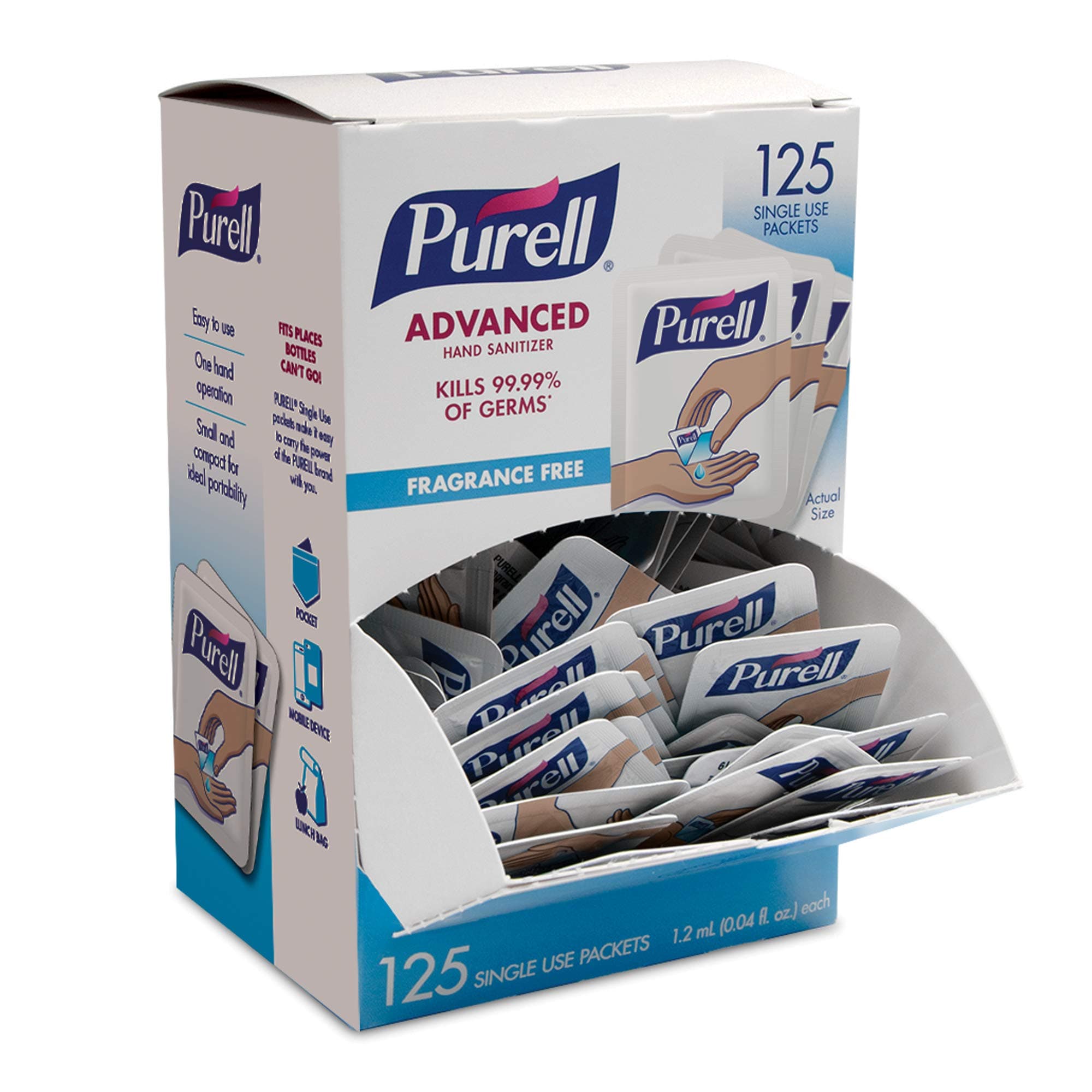 PURELL Advanced Hand Sanitizer Singles - Travel Size Single Use Individual Portable Packets, 125 count Self Dispensing Packets in a Display Box - 9620-12-125EC