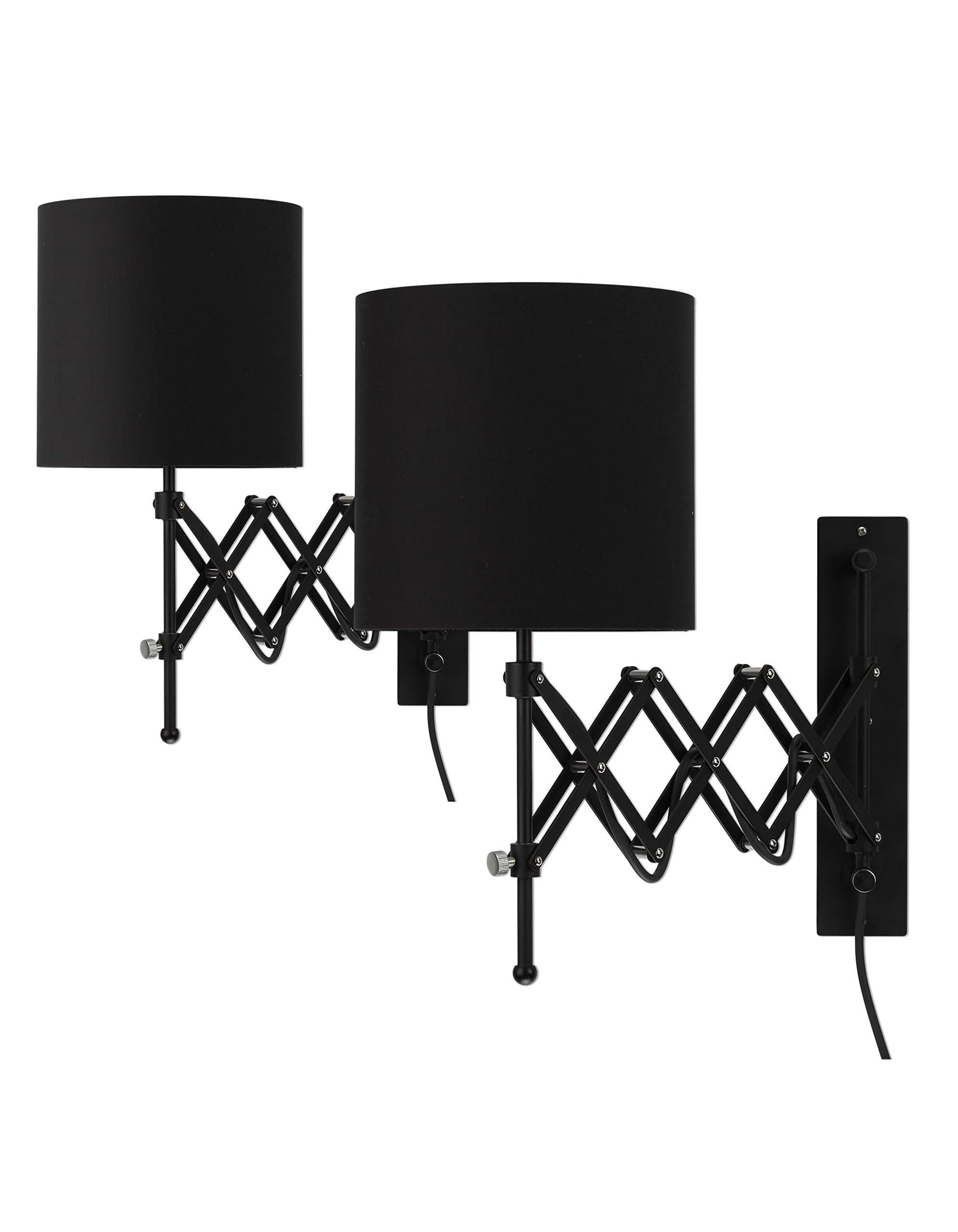Modernluci Wall Light Modern Sconce with Practical Plug, Bed Room Scissor Arm Wall Lamp, Reading Bedside Lamps Black Set of 2