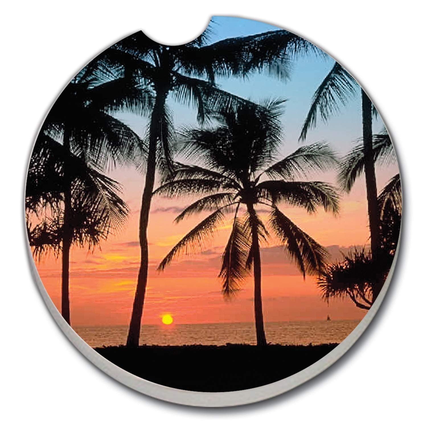 Highland Home Counterart Sunset Palms 1 Pack Absorbent Stone Coaster for Vehicle Cup Holder 2.6” Diameter Manufactured in The USA