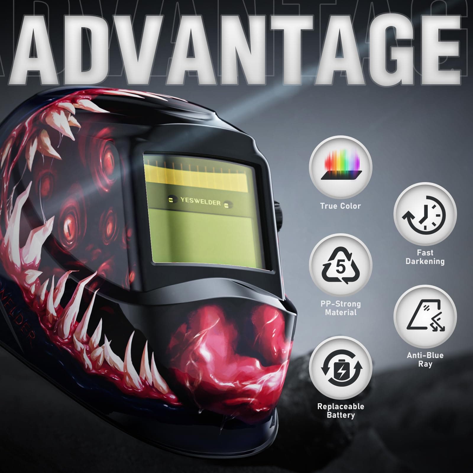 YESWELDER Auto Darkening Welding Helmet, Blue Light Blocking, 1/1/1/1 True Color Solar Powered Welding Hood with 2 Arc Sensors, Wide Shade 3.5/9-13 Welder Mask for TIG MIG ARC and Grind