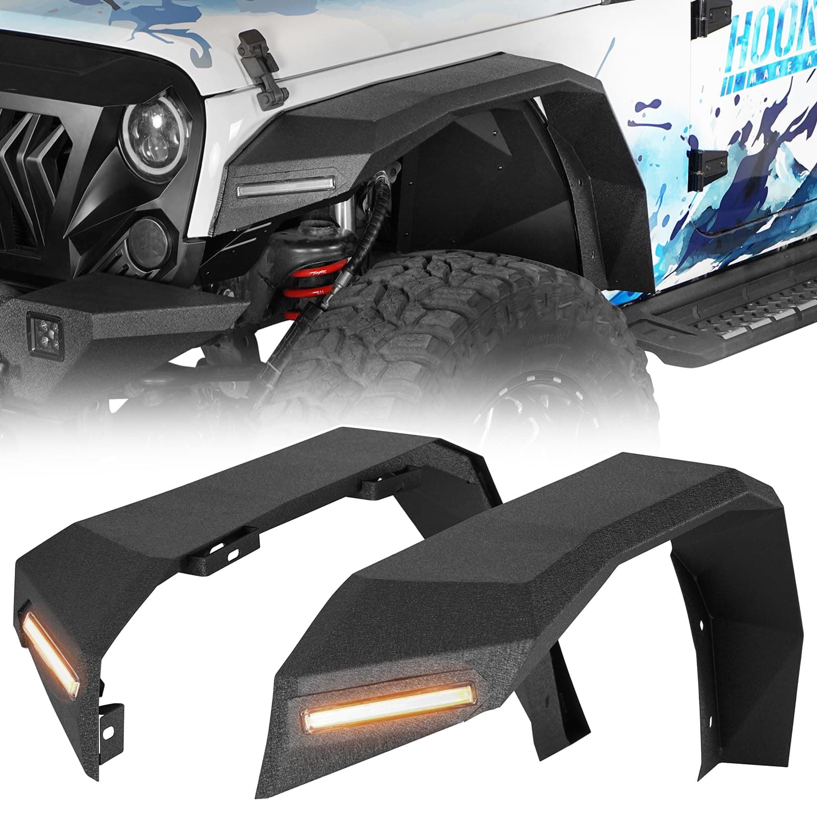JK 8.7" Wide Flat Front Fender Flares for 2007-2018 Jeep Wrangler JK & JKU Unlimited 2 or 4 Doors, Steel Fenders with Turn Signal Lights DRL - 2 PCS