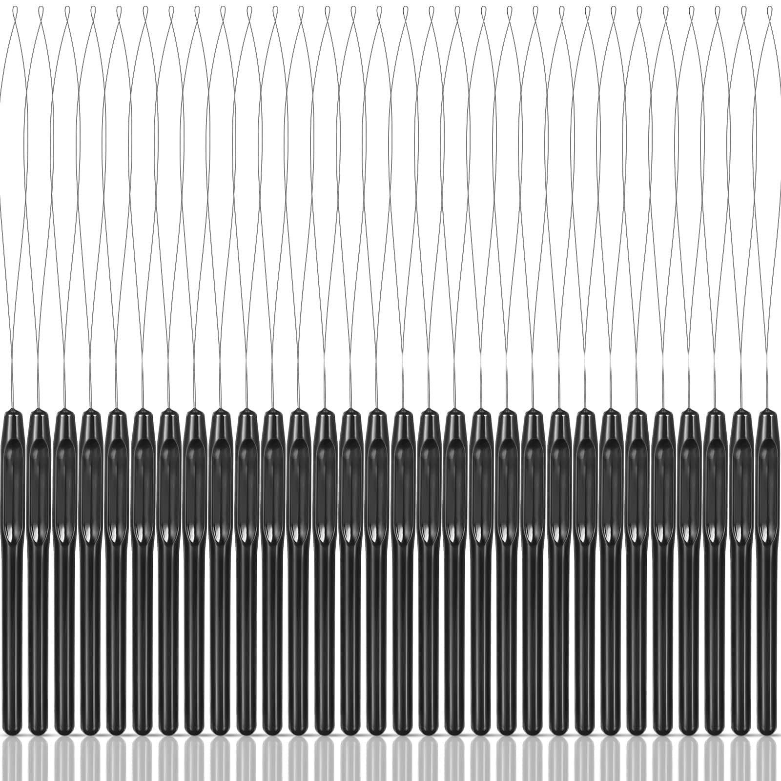 30 Pieces Hair Extension Loop Needle Threader Wire Pulling Hook Tool and Bead Device Tool Plastic Hair Extension Loop Needle for Hair or Feather Extensions Supplies, DIY Hook Tool Loop Tools, Black