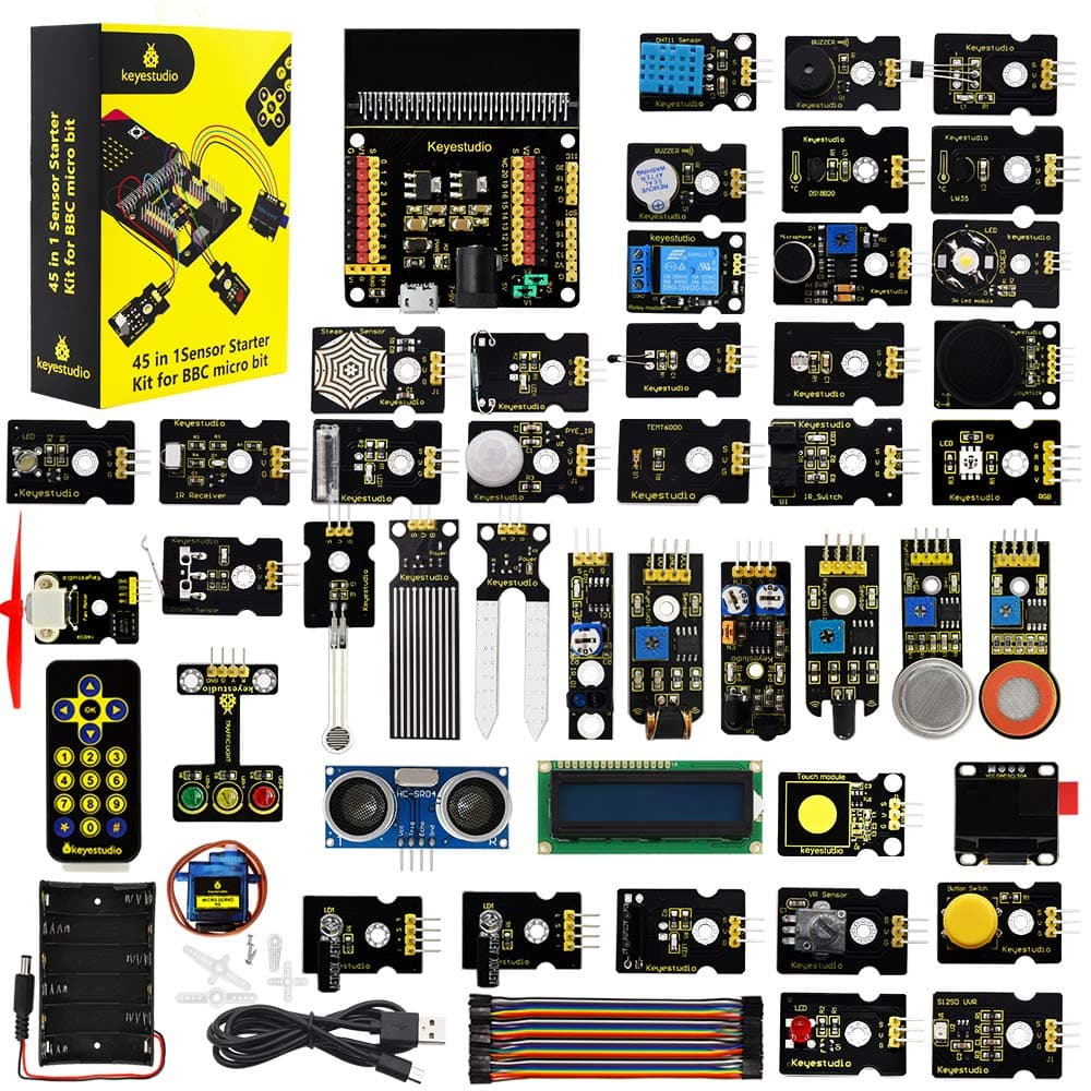 KEYESTUDIO 45 Sensors Starter Kit for BBC Microbit V2.2 V2 V1.5 (Without Micro:bit), Sensor Breakout Board, i2c LCD, Buzzer, 5v Relay with Tutorials 57 Courses Coding for Teens Adults 15+