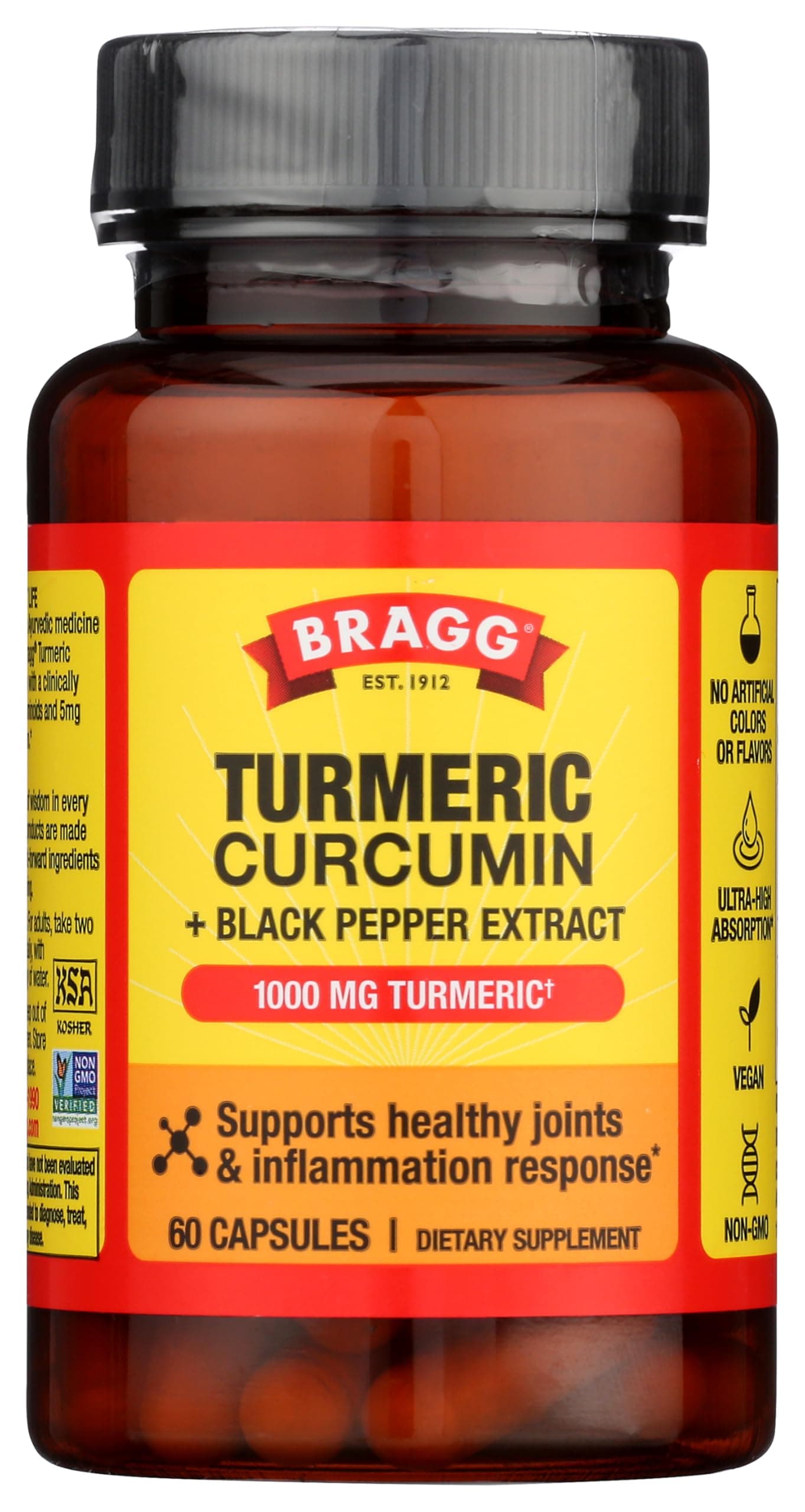 Bragg Turmeric Curcumin Supplement with Black Pepper Extract - 60 Capsules - Supports Healthy Joints and Inflammation Response.