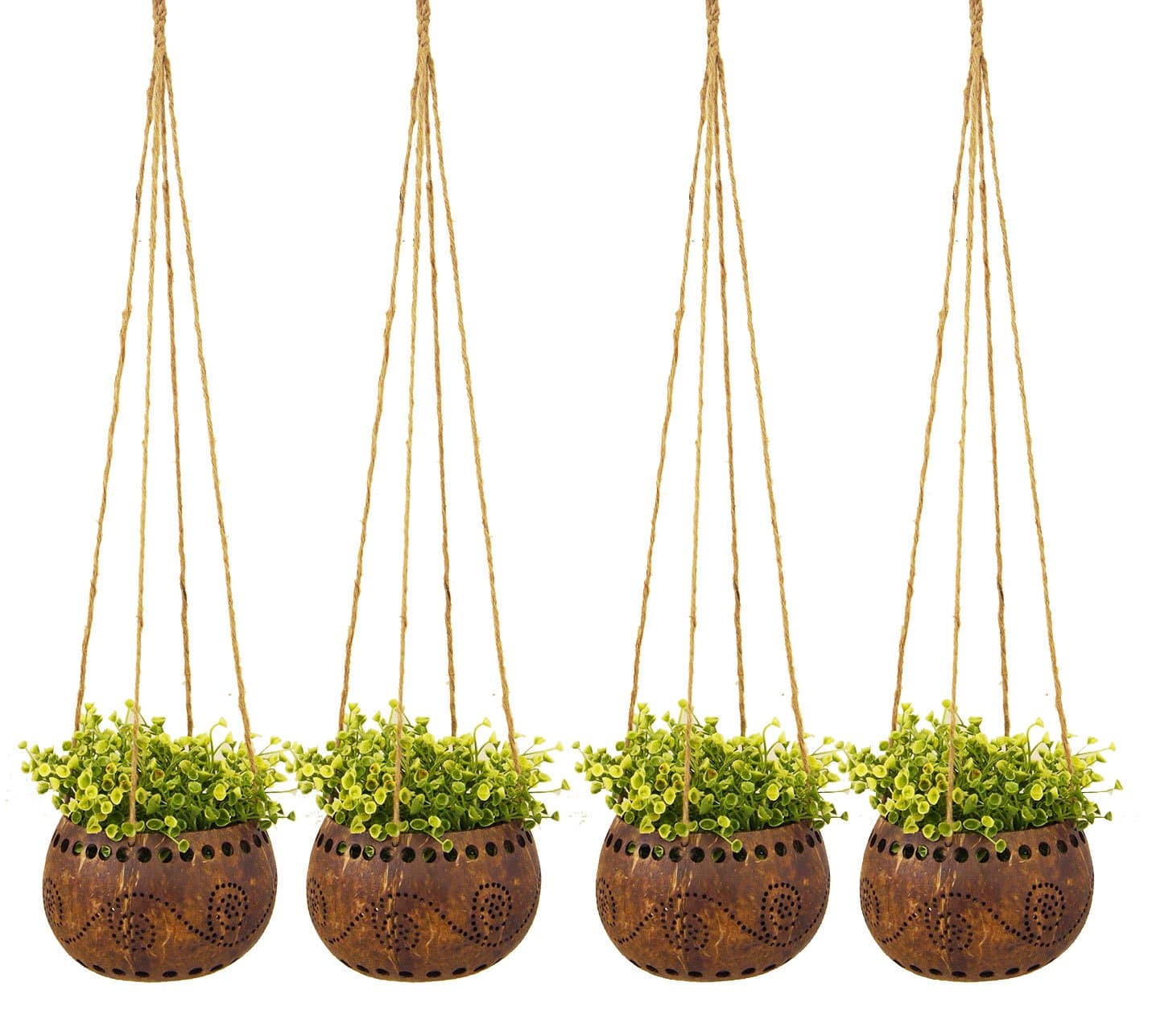 Exotic Elegance Set of 4 Garden Decorative 4" Coconut Shell Hanging Planter Pot (Size M).