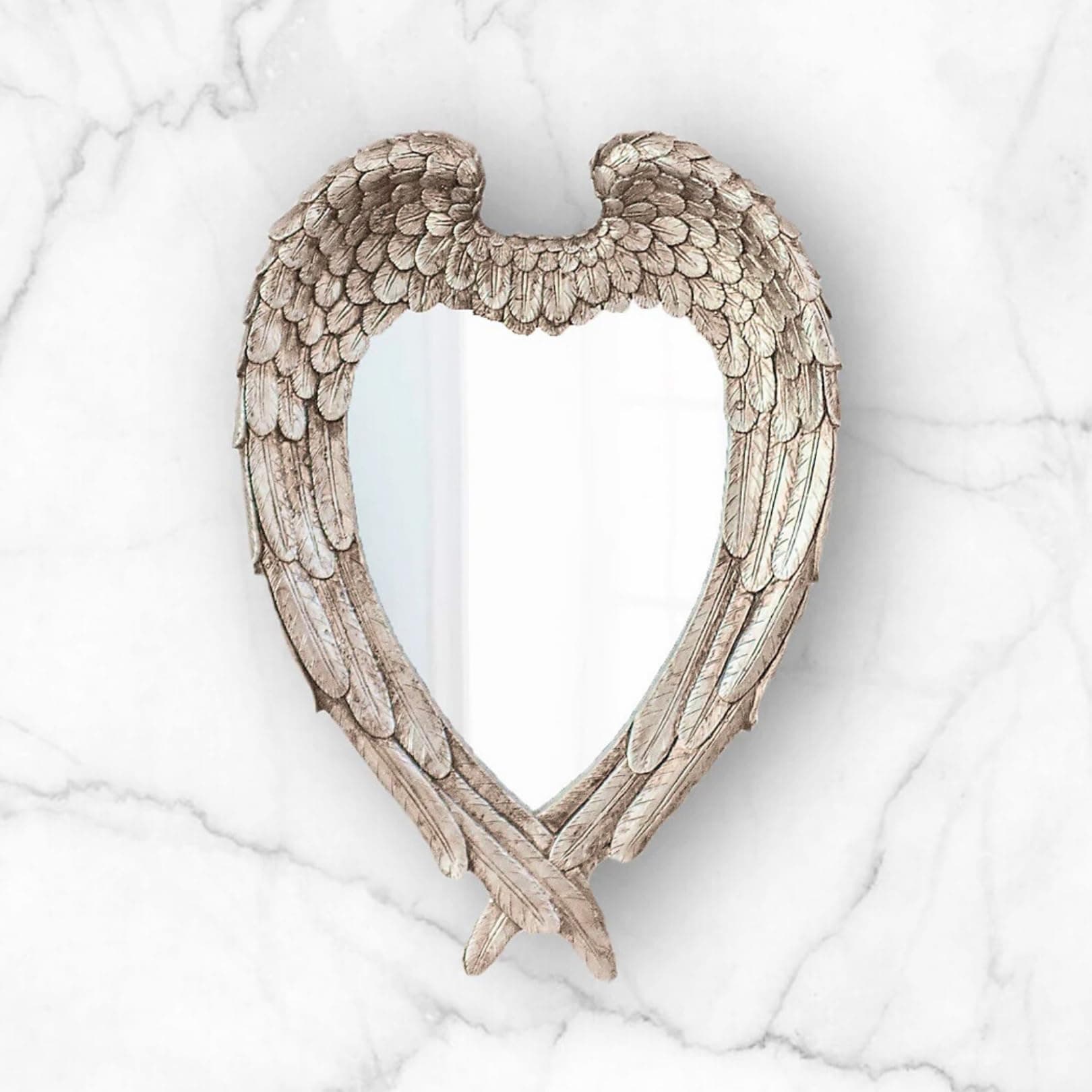 HomeZone Shabby Chic Heart Angel Wings Silver Wall Mirror Set Hanging Mirrors for Wall Decor Hallways Stairs Living Rooms Home Decoration Bathroom Bedroom Decor Vintage Wall Mounted Mirror