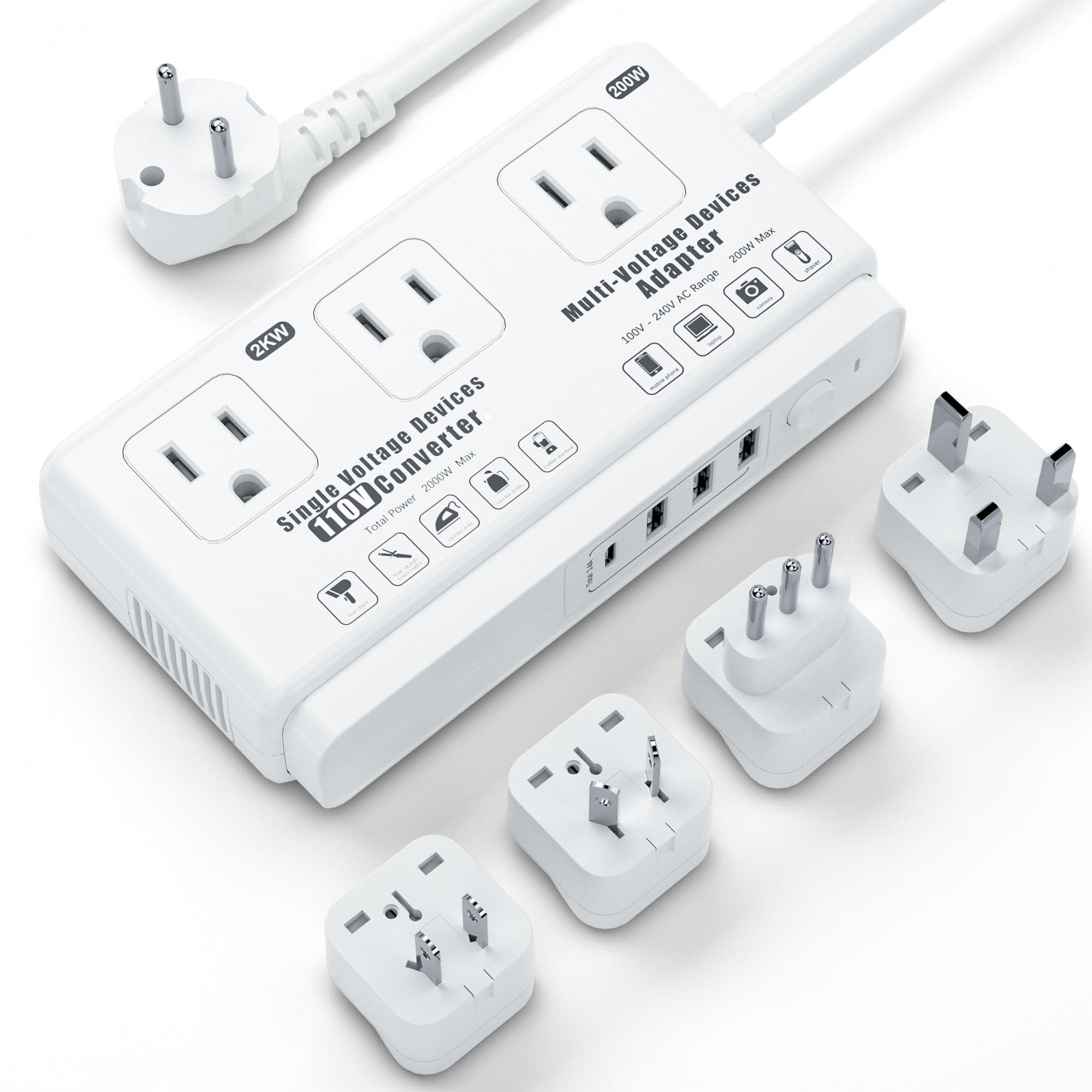 220v to 110v Travel Voltage Converter: International Universal Voltage Converter US to Europe Power Strip Plug Transformer - 2000W Electric Hair Dryer Step Down Outlet Converters for European UK EU