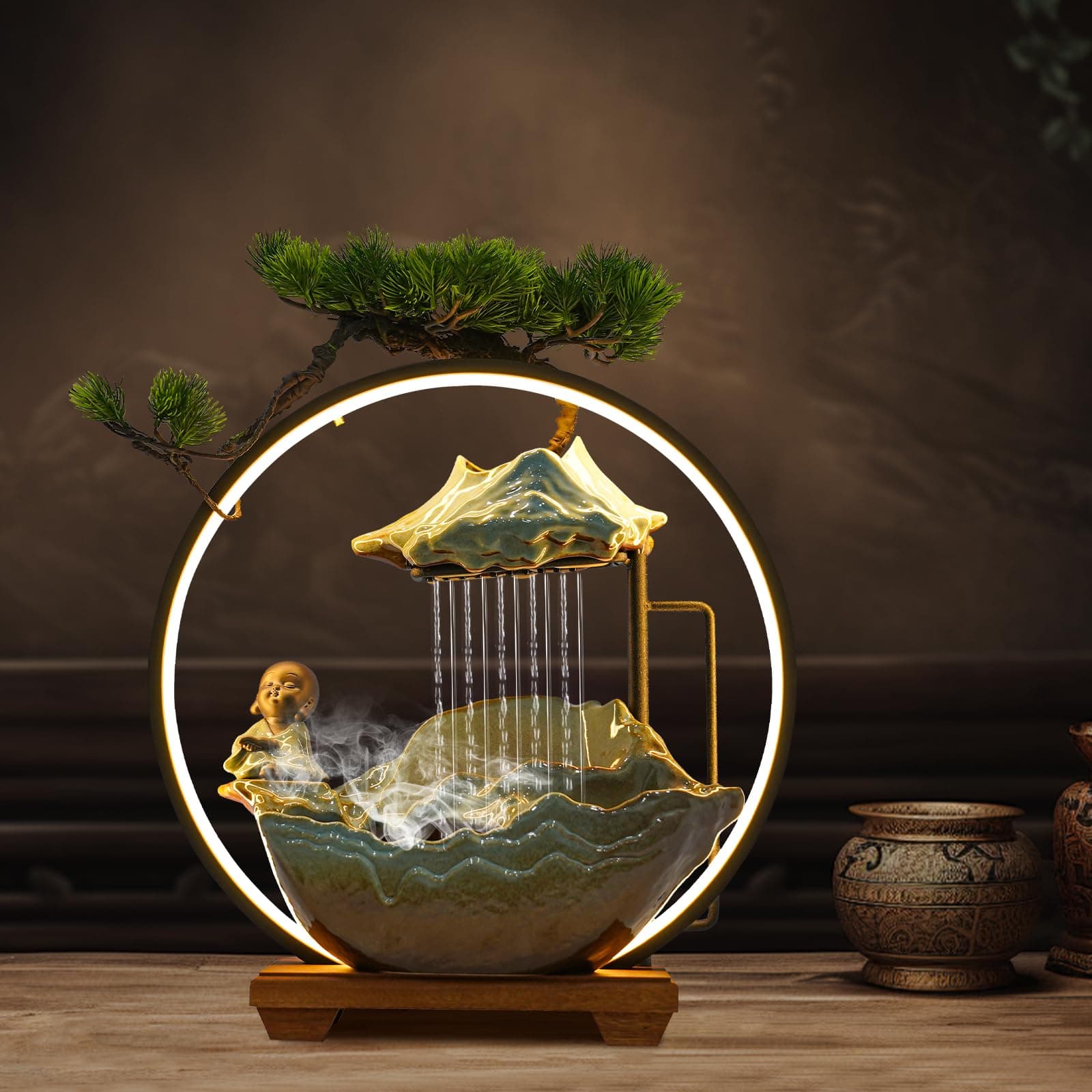 Water Fountains Indoor Tabletop Waterfall Humidifier W/LED Light & Atomizer Mist &Cute Monk Statue, Zen Decor Meditation Japanese Decor Fake Plants Feng Shui Decor Festival Birthday Gift