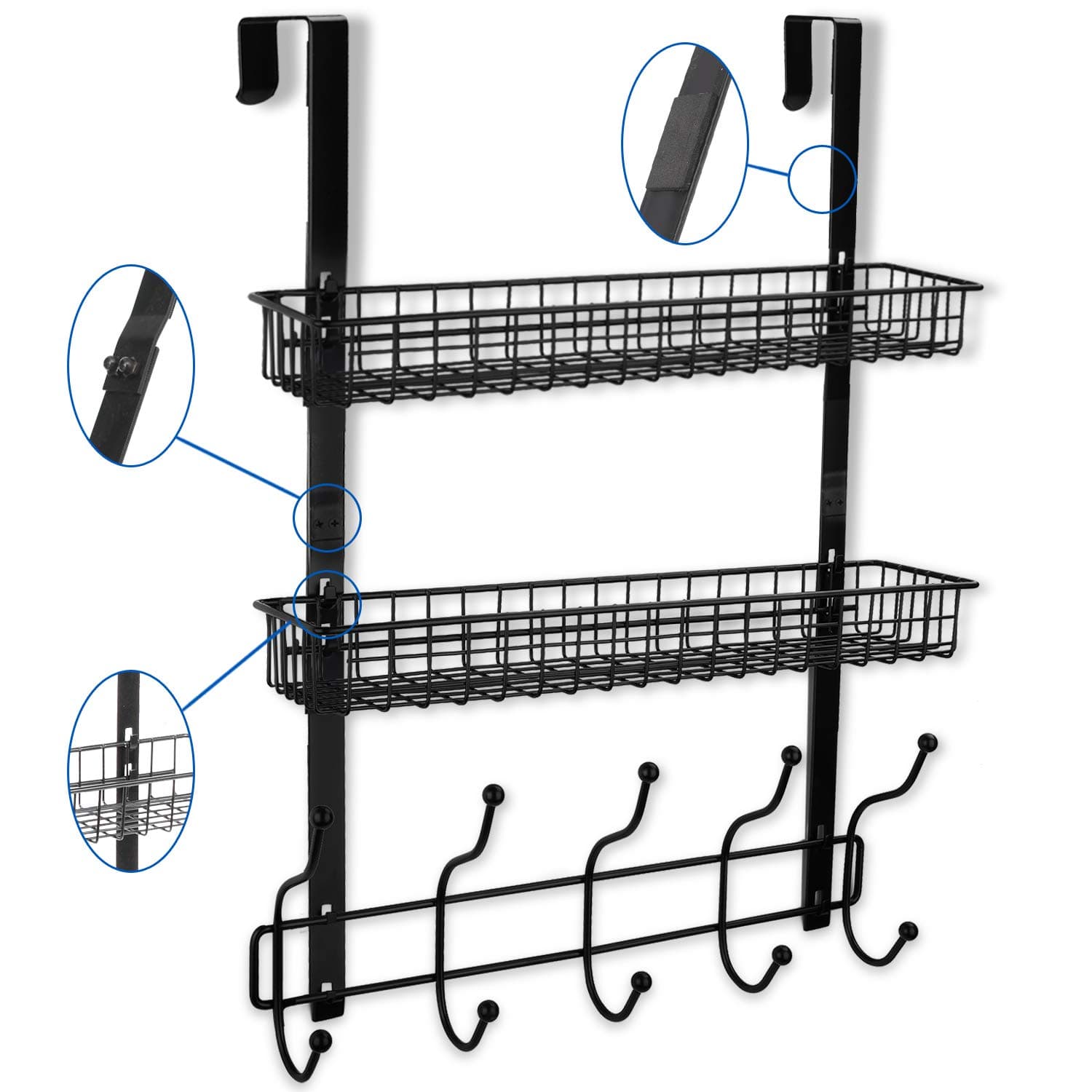 Coat Rack, Over The Door Hanger with Mesh Basket, Detachable Storage Shelf for Towels, Hats, Handbags, Coats (Black-2 Layer)
