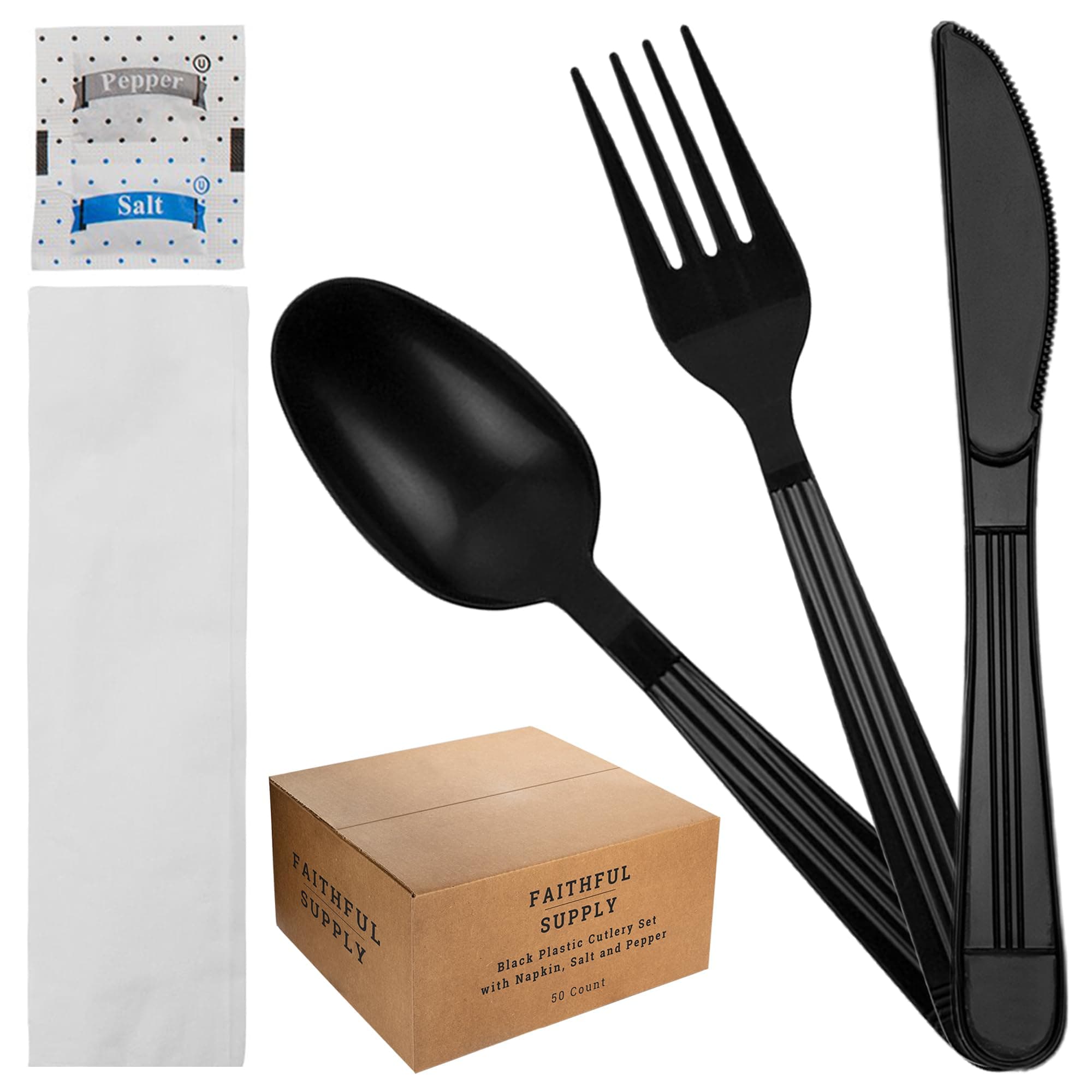 50 Count Black Plastic Silverware Individually Wrapped with Napkin | Disposable Cutlery Set for Parties | To Go Utensils Packets | Pre-wrapped Plasticware Set