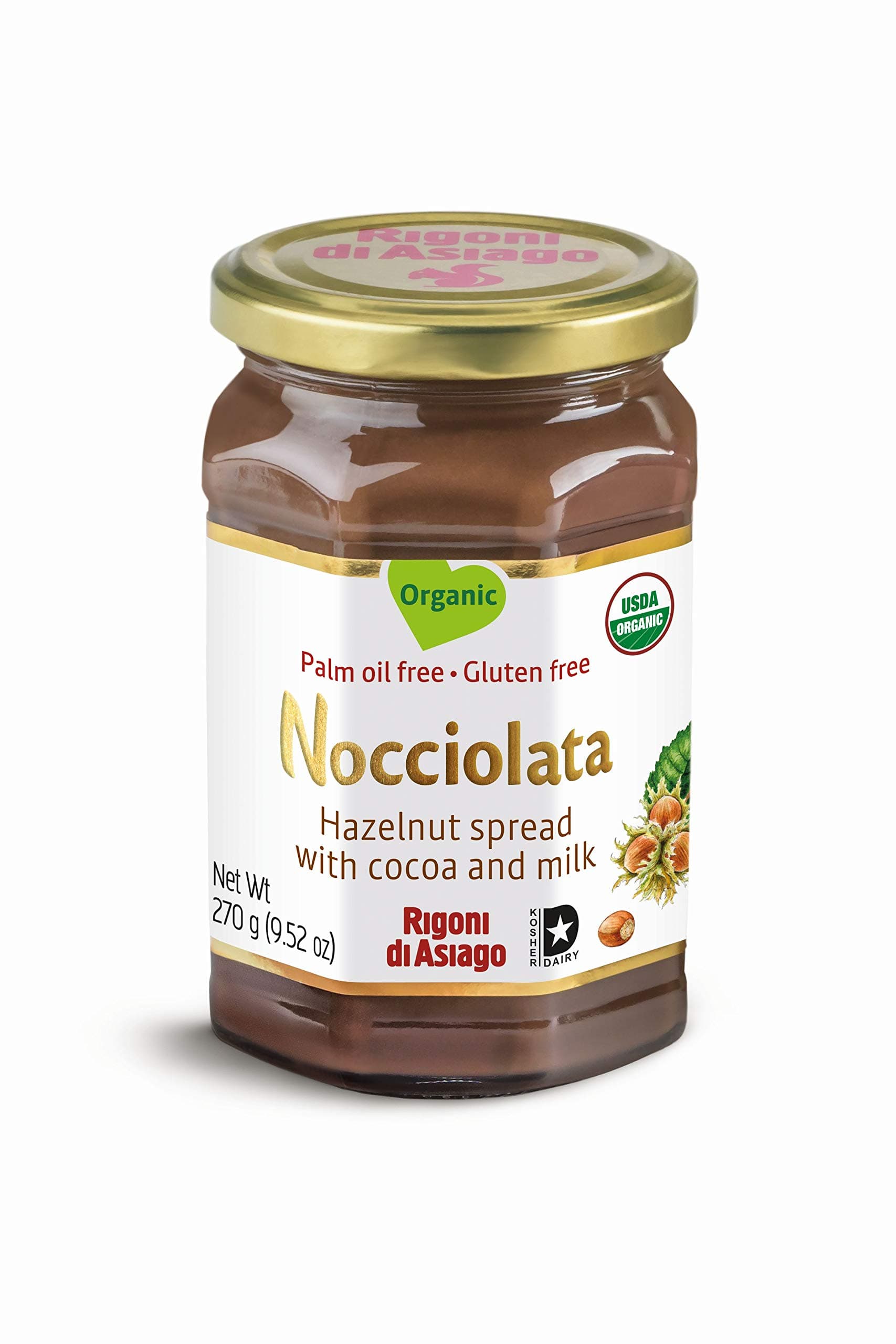 Rigoni Di Asiago Nocciolata Organic Hazelnut Spread, Cocoa and Milk, 9.52 Ounce Jar