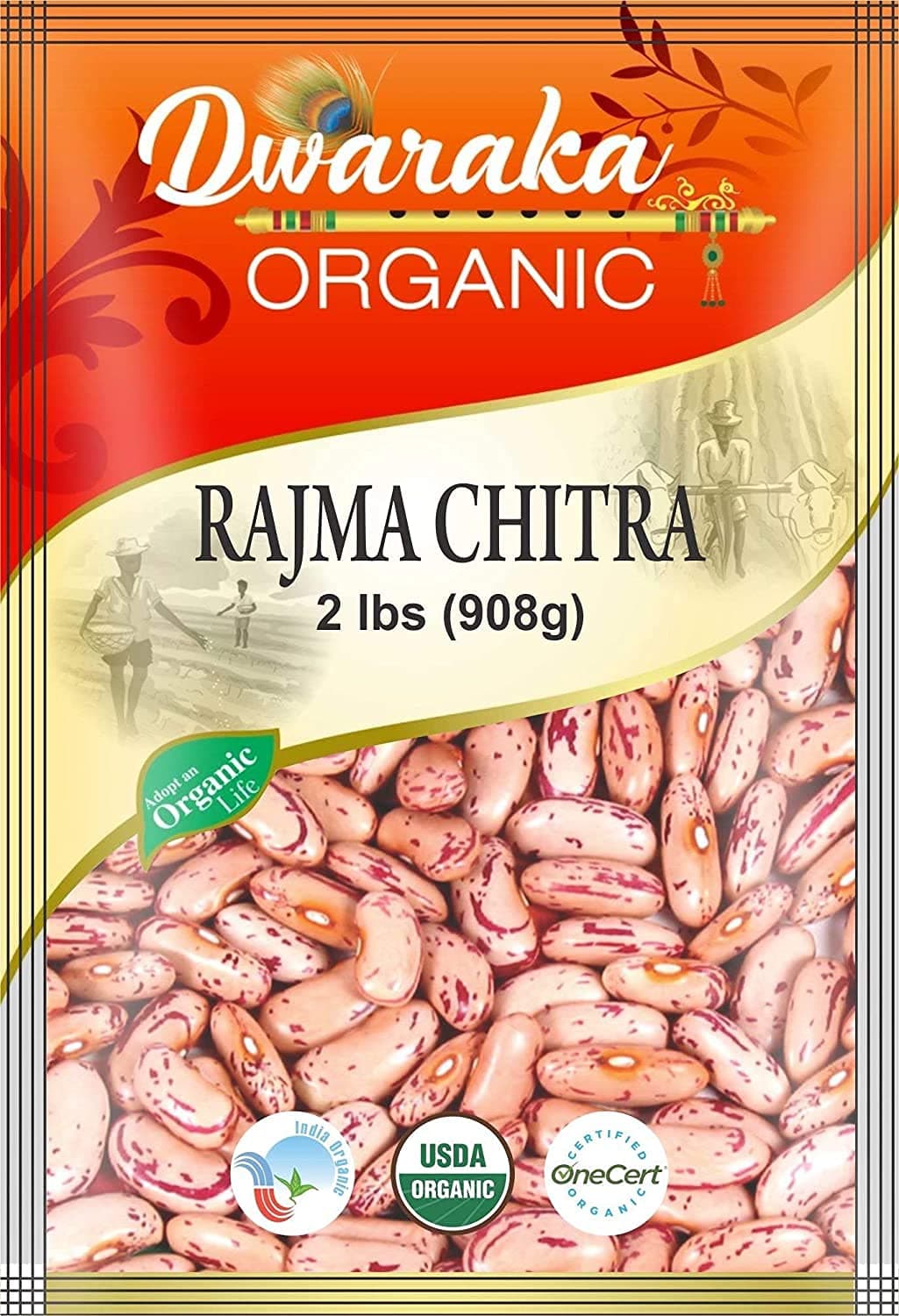 Dwaraka Organic Speckled Kidney Beans Chitra Rajma - USDA Organic (2 lbs / 908 g)