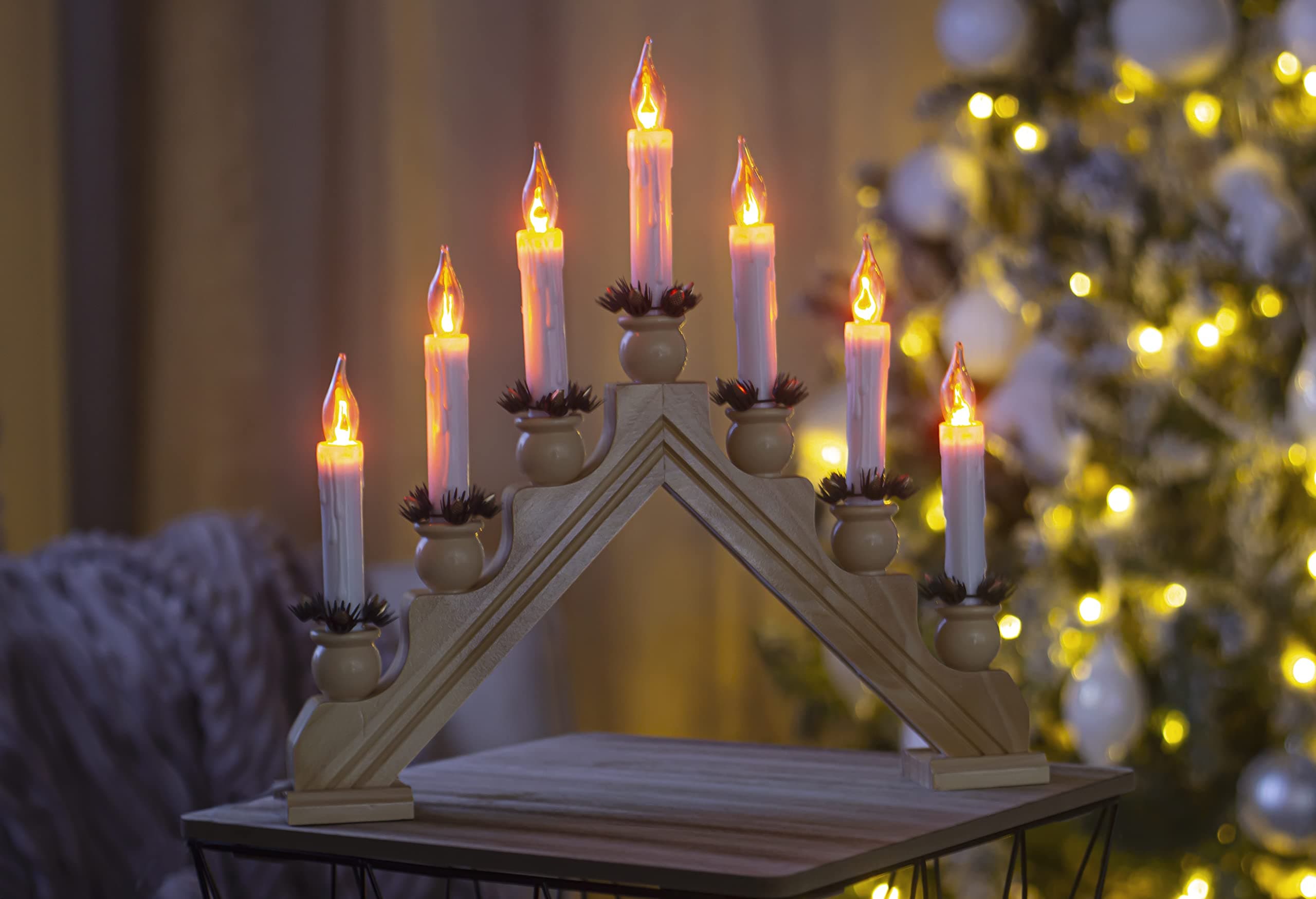 Snow White Pine Christmas Candle Bridge with 7 Candle Lights