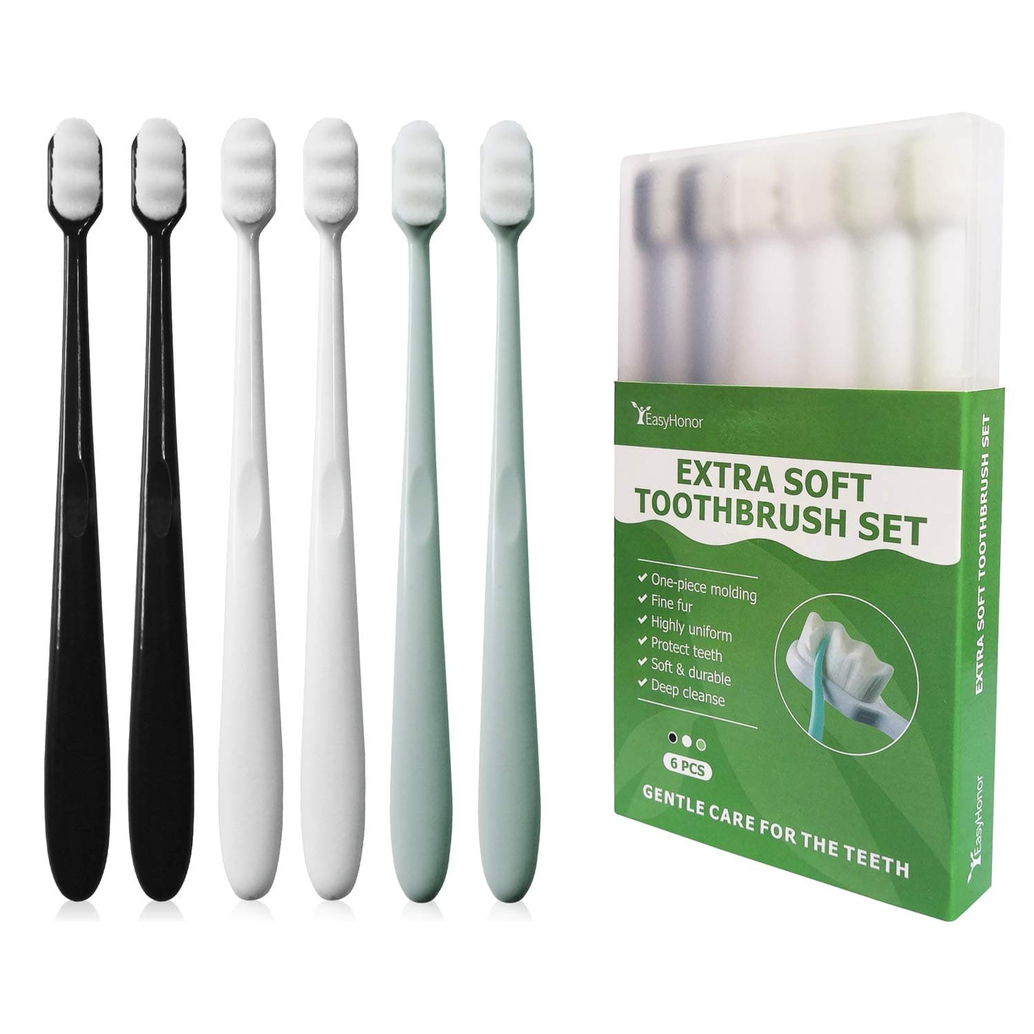 EasyHonor Extra Soft Toothbrush for Sensitive Gums, Micro-Nano Manual Toothbrush with 20000 Soft Floss Bristle, Protect Fragile Gums (6 Pack)