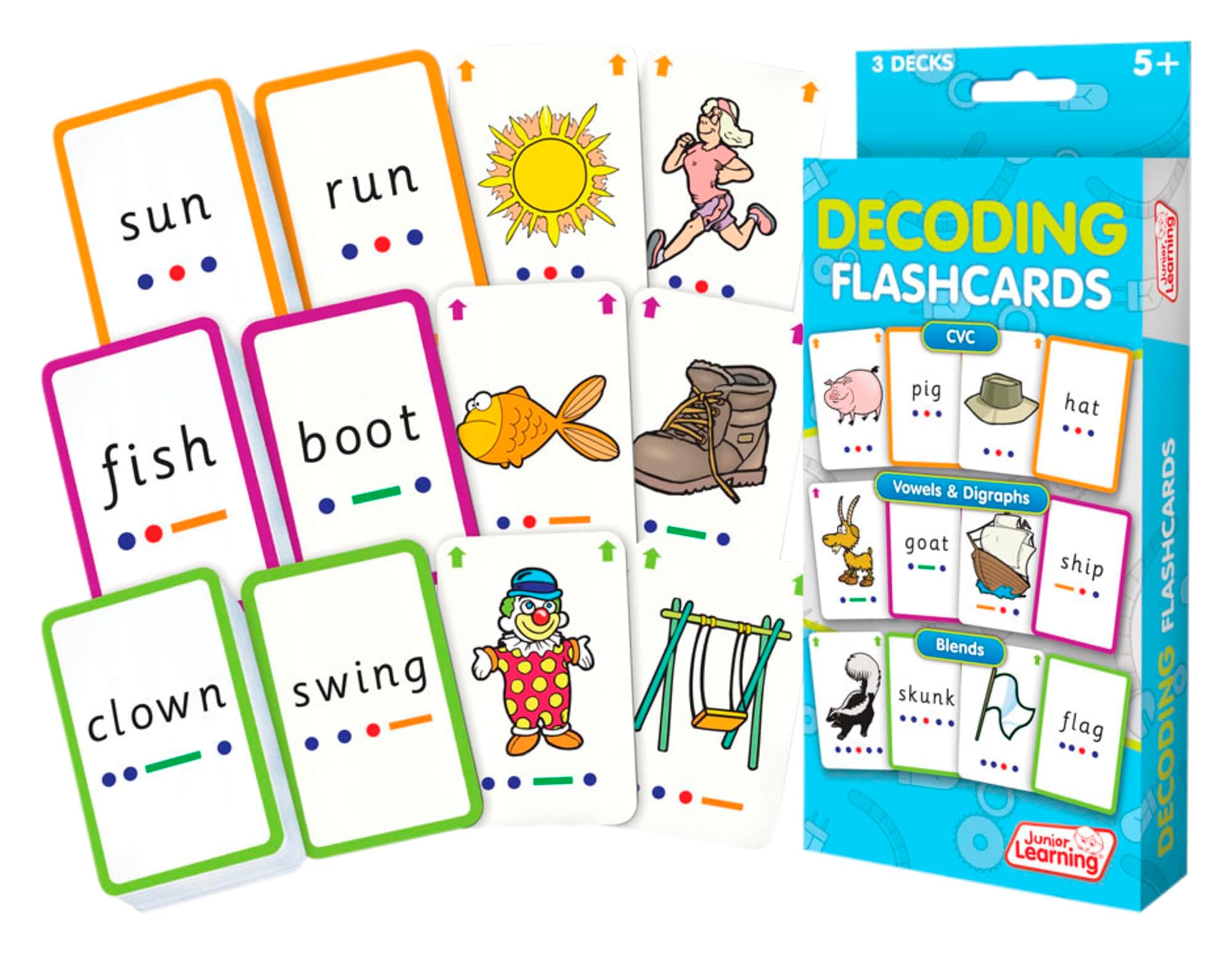 Junior Learning Decoding Flashcards | 3 Decks of 54 cards | Topics: CVC (consonant-vowel-consonant), Vowels and Digraphs and Blends | Ages 5+, Year 1-2, Key Stage 1