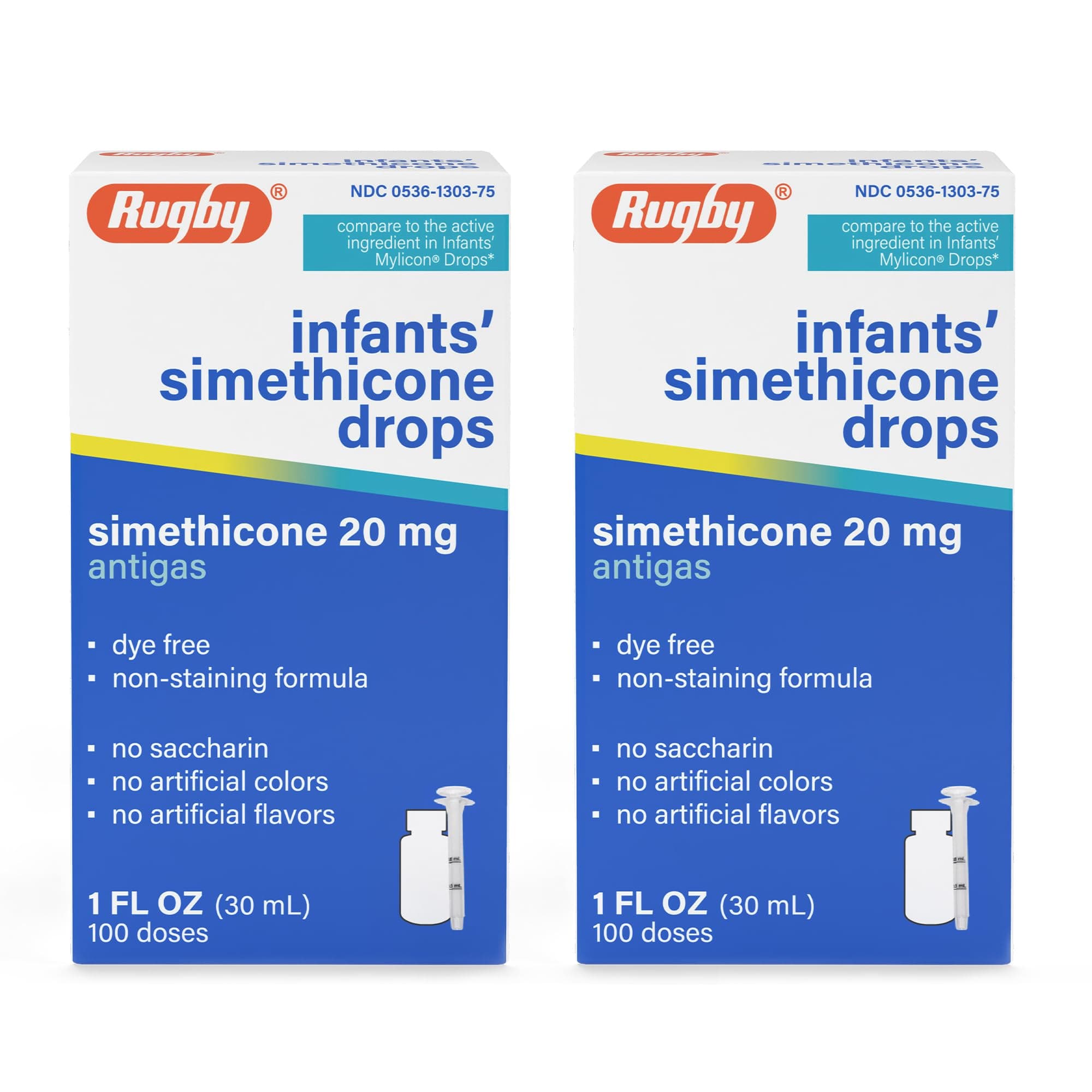 RUGBY LABORATORIES Newborns, Infants & Children Gas Relief Simethicone 20 mg/0.3ml Drops Dye Free Generic for Mylicon 1 oz (30ML) 2 PACK Total 2 oz