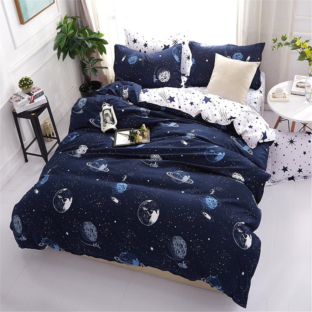 EsyDream Star Wars Print Kids Duvet Cover Twin Size Space Ship with Astronaut Print Bed Cover Universe Constellation Bedding,Twin Size 4PC Set