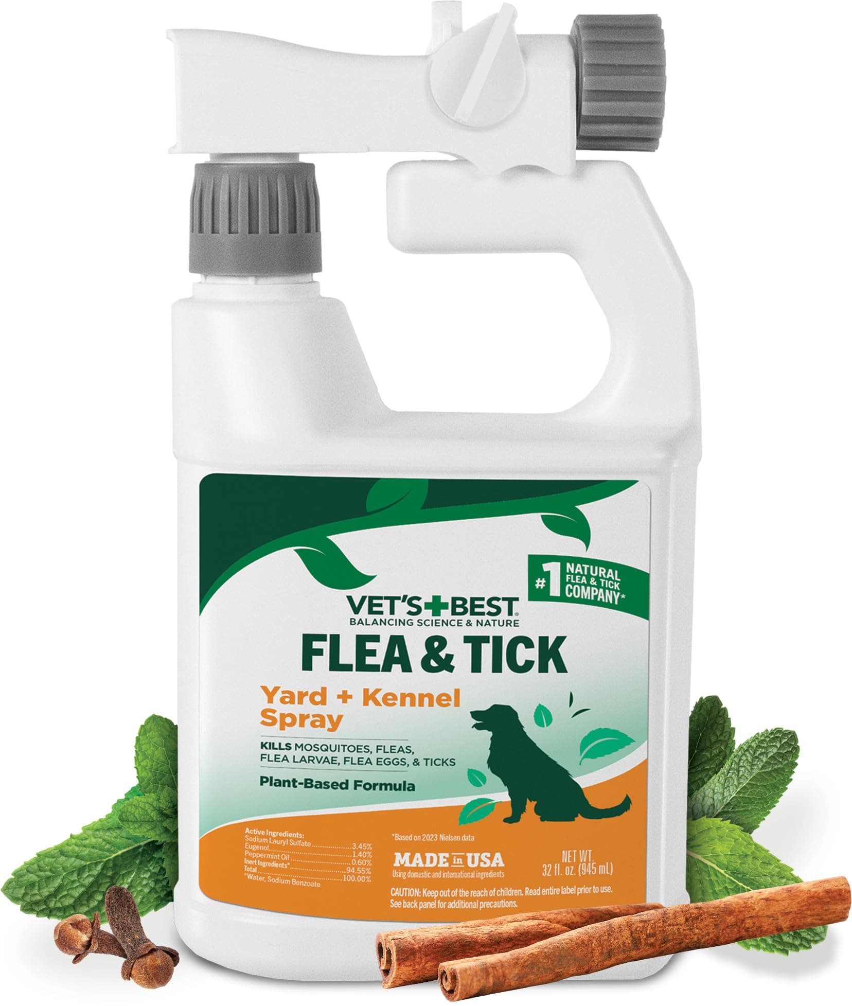 Flea and Tick Yard and Dog Kennel Spray, Mosquito Repellent with Certified Natural Oils, Plant Safe with Ready-to-Use Hose Attachment, Flea and Tick Prevention for Dogs, 32 oz