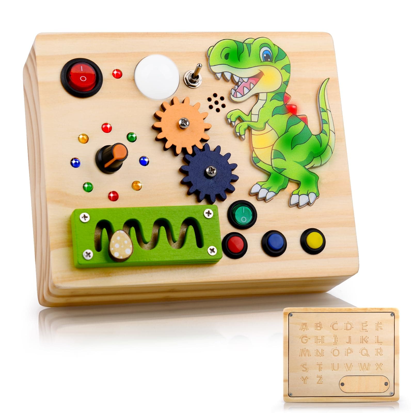 ANZAGA Montessori Toddler Busy Board - Wooden Sensory Toys Dino Busy Board with LED Light switches, Baby Travel Toys, Birthday for 1+ Year Old Baby and Toddler