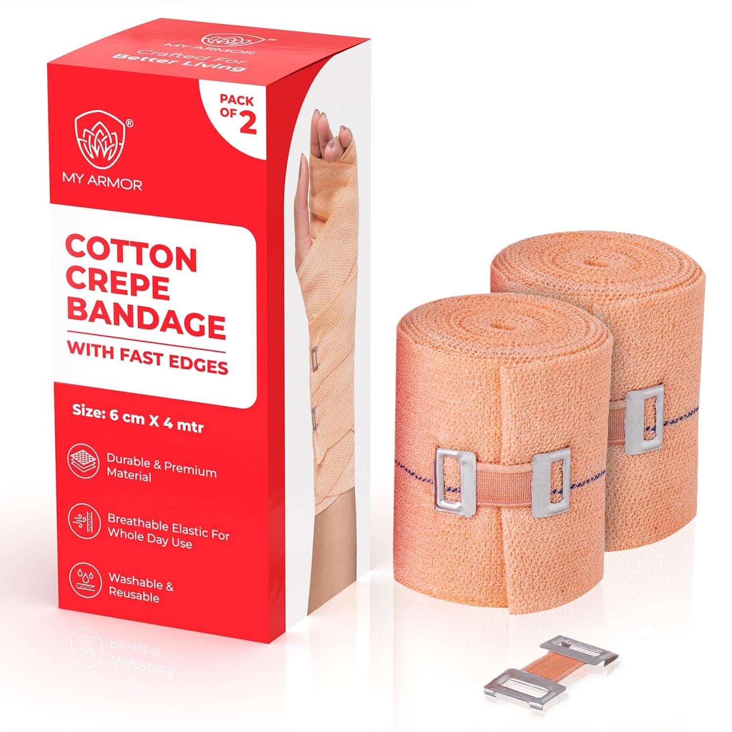 MY ARMOR Cotton Crepe Bandage for Wrist - 6cm X 4mt Tape for Injury and 2 Extra Clips - Pack of 2