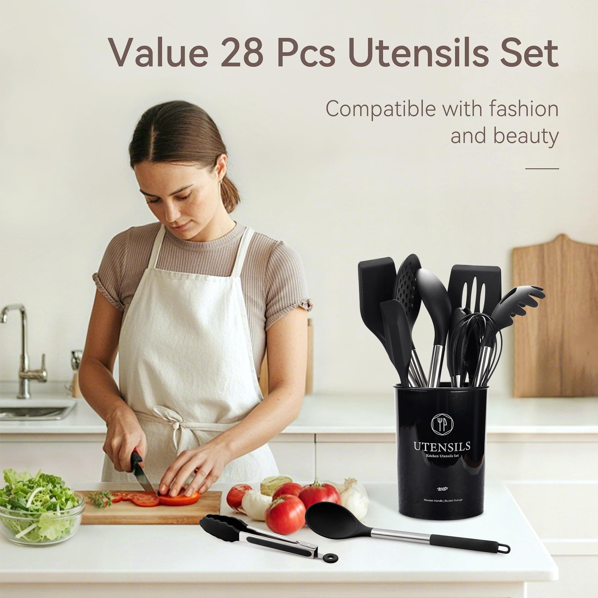 Kitchen Utensils Set, 28 Pcs Silicone Cooking Utensils Set with Holder, Spatula Set, Silicone Whisk, Scissors, Measuring Cups and Spoons Set with Stainless Steel Handle Kitchen Gadgets (Black)