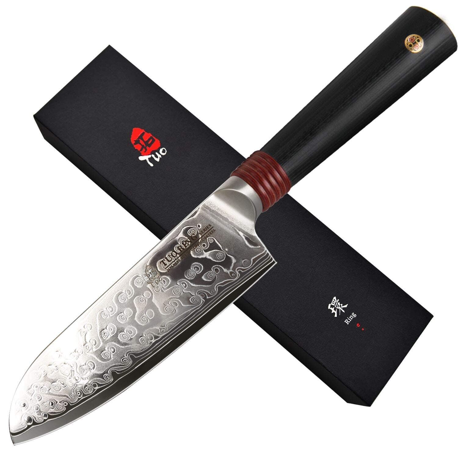 TUO Damascus Santoku Knife 5.5 inch, Japanese AUS-10 High Carbon Rose Damascus Steel, Asian Kitchen Knife with Ergonomic G10 Handle -Ring R Series