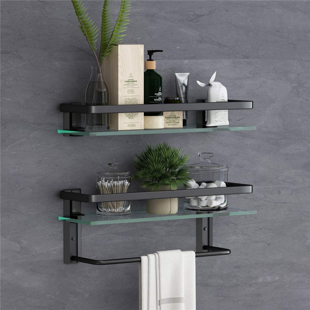 Glass Bathroom Shelf with Towel Holder-VOLPONE Rustproof Metal Wall Mounted Storage Shelves 2-Tier for Kitchen Bathroom (Black)