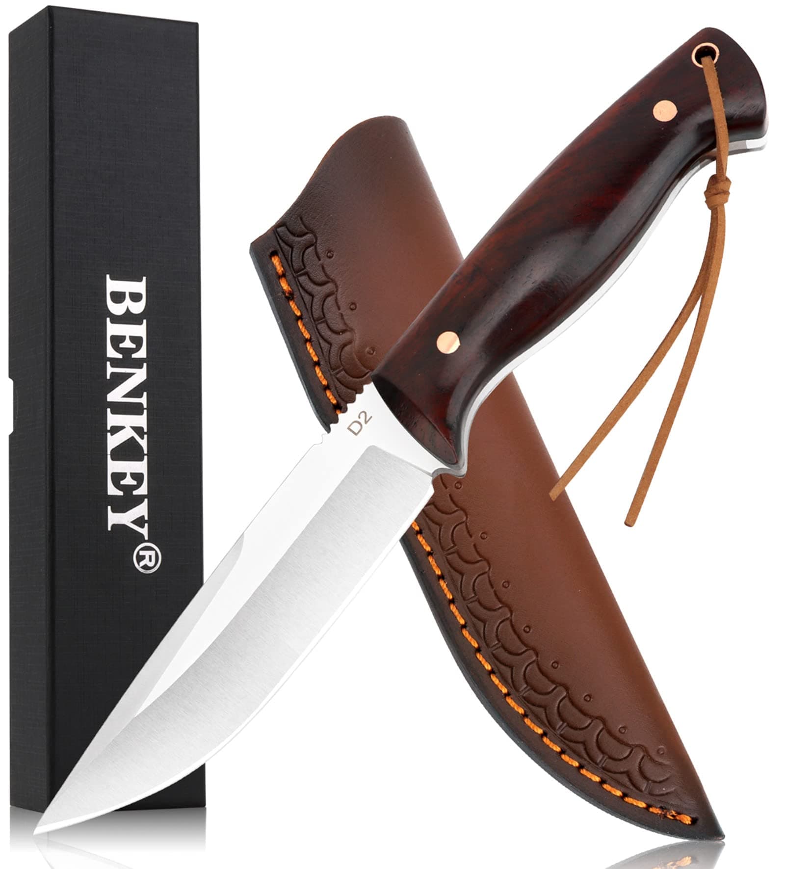 Benkey Fixed Blade Hunting Knife Full Tang with Leather Sheath, Solid & Sharp D2 Blade Outdoor Survival Hunting Knife, Comfortable Natural Wood Handle Camping Knife for Men and Women