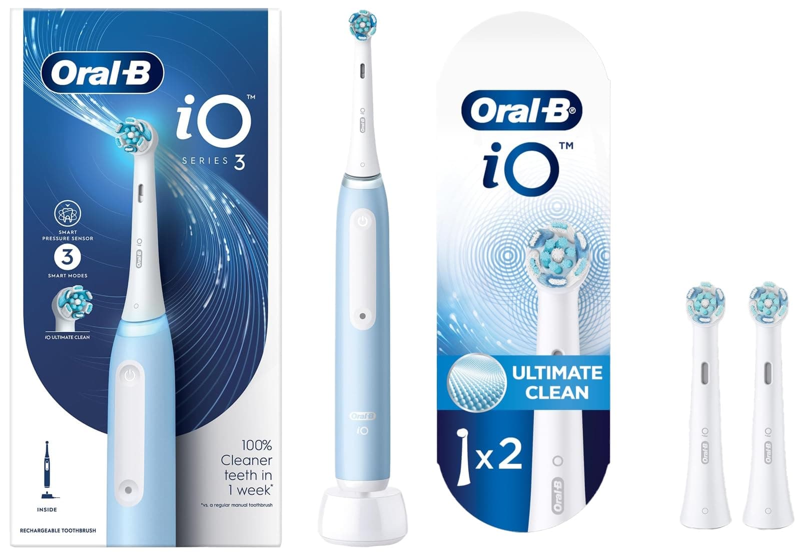 Oral-B iO3 Ultimate Electric Toothbrush For Adults, 3 Smart Modes, Round Brush Head (Blue) With Original iO Electric Toothbrush White Replacement Brush Heads, Pack Of 2 Refills