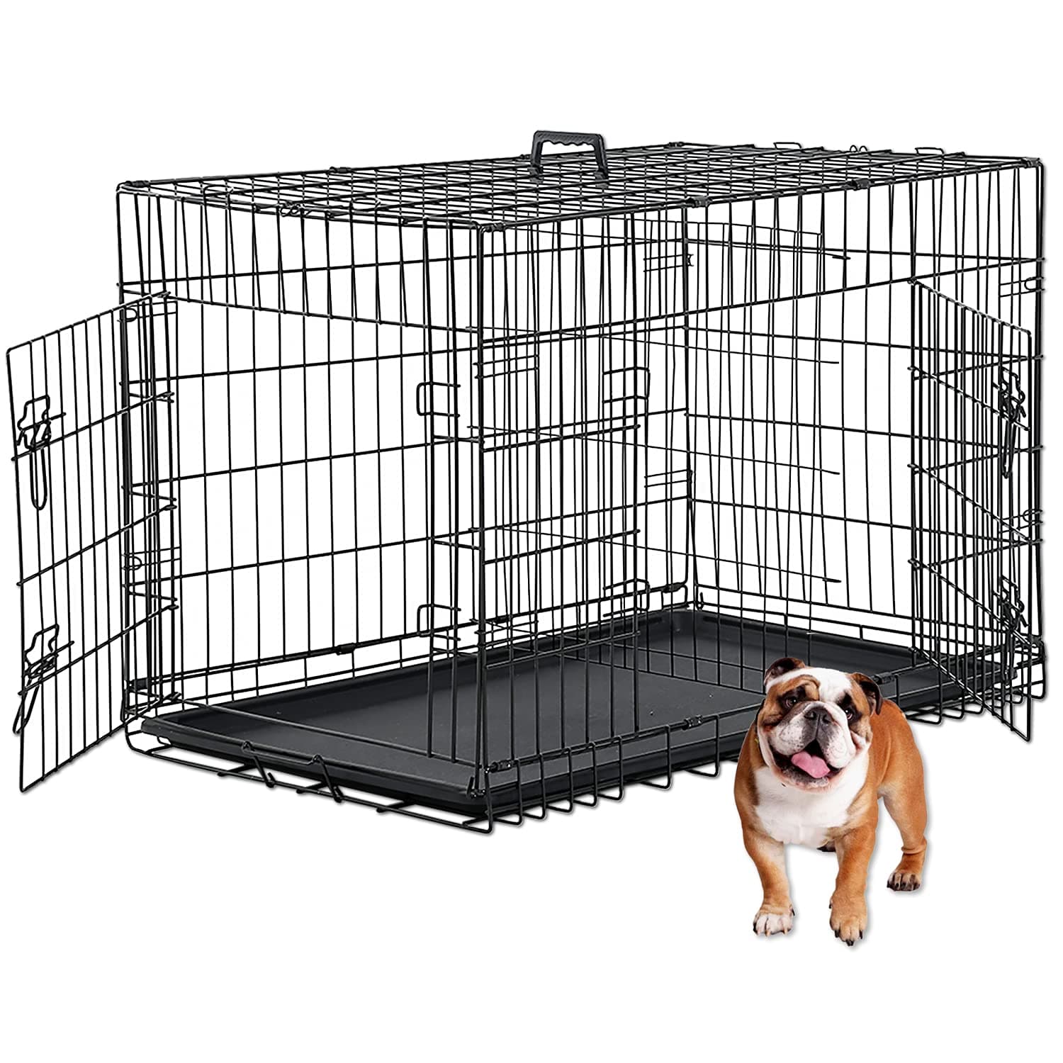 HCY, Dog Crate, Dog Kennel 48 Inch Double Door Metal Crate Foldable Puppy Supplies Cage with Divider Panel, Handle, Plastic Tray for Pet Animals Outdoor Indoor (48 Inch) ,Black, 48In