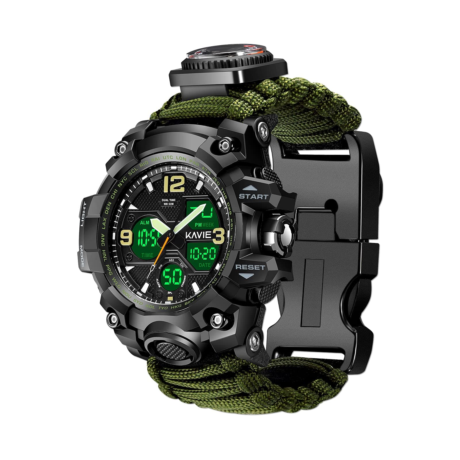 23-in-1 Survival Military Digital Watch, Mens Tactical Multi-Functional and Adjustable Wristband Outdoors Waterproof Sports Dual Dial Watches with Compass Paracord Band