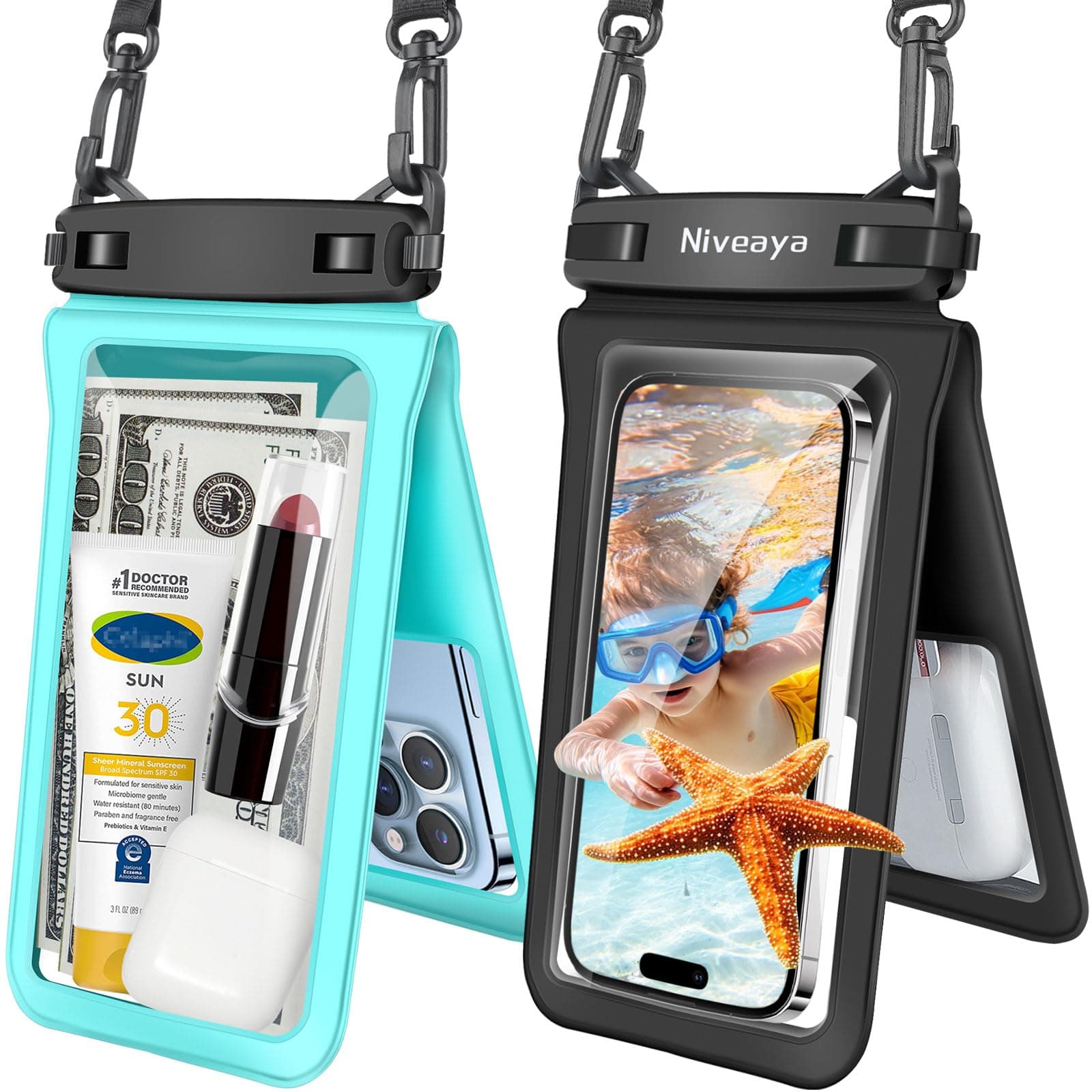 Niveaya Double Space Waterproof Phone Pouch - 2 Pack, Waterproof Phone Lanyard Case with iPhone 17/16/15/14/13 Pro Max up to 8.3", Phone Dry Bags for Vacation Beach Pool Kayak Cruise Travel Essentials