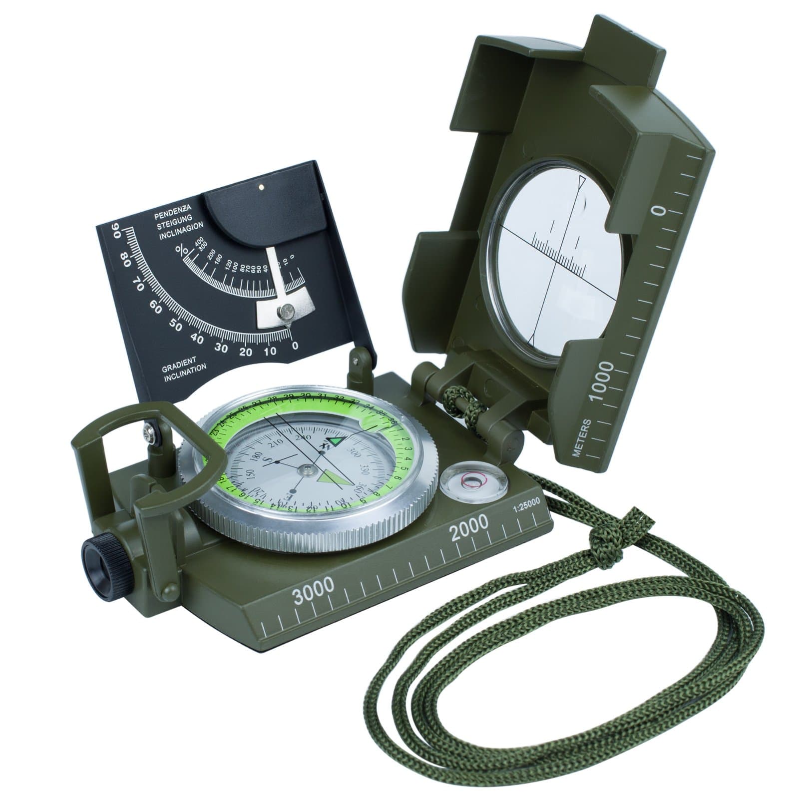 Compass Waterproof OLRICK Compass with Inclinometer Multifunction Military and Pouch Lanyard Metal Army Sighting Compass for Outdoor Camping Hiking Compass Walking Biking Army Green