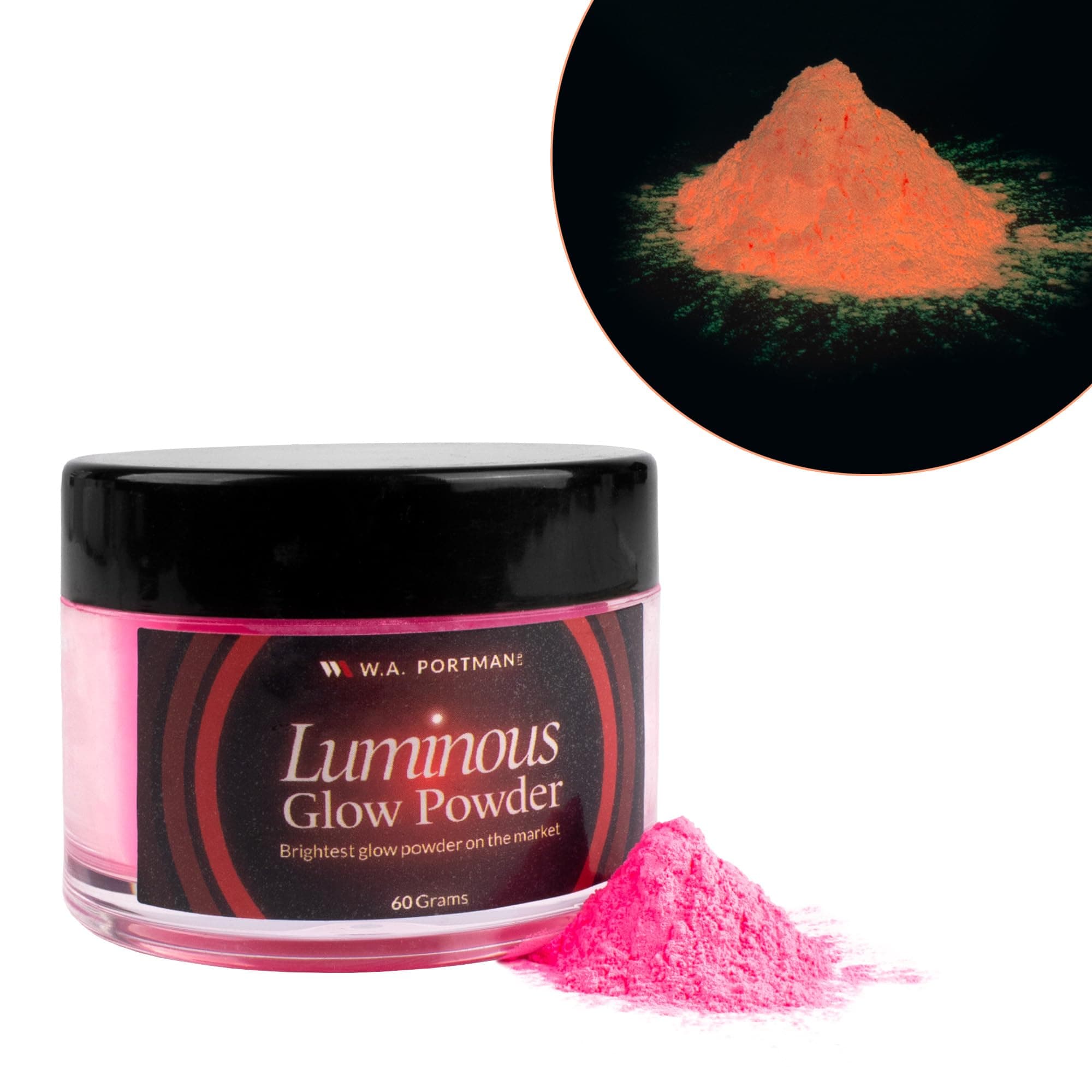 WA Portman Luminous Pink Coral Nebula Glow in The Dark Pigment Powder – 60g (2.12oz) Phosphorescent Powder for Resin, Epoxy, Fabric, & DIY Crafts – Premium Pink to Orange Glow in The Dark Powder