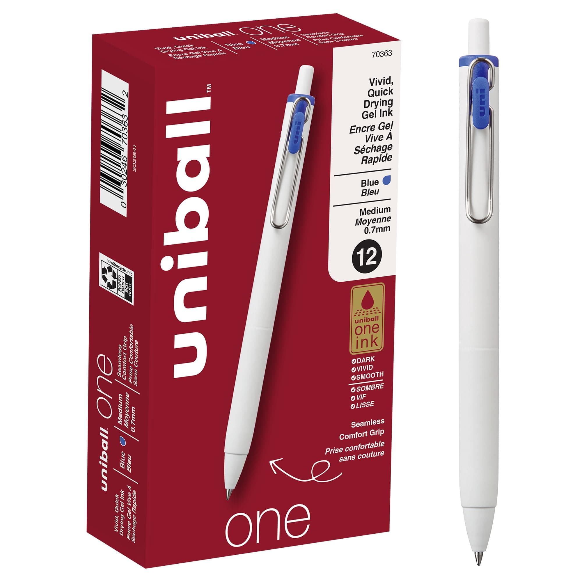uni-ball One Retractable Gel Pen 12 Pack in Blue with 0.7mm Medium Point Pen Tips, Uni-ONE Ink is Vivid, Bright, and Protects Against Water, Fading, and Fraud
