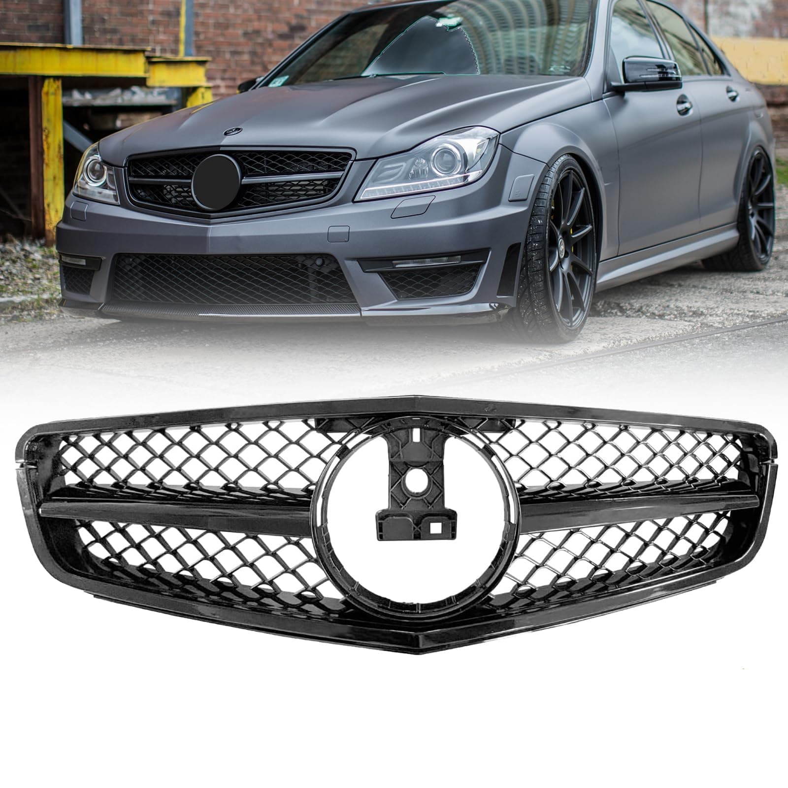 W204 Grill Front Grille Compatible with 2008-2014 Mercedes Benz W204 C Class C250 C300 C350 (AMG Style-Gloss Black)