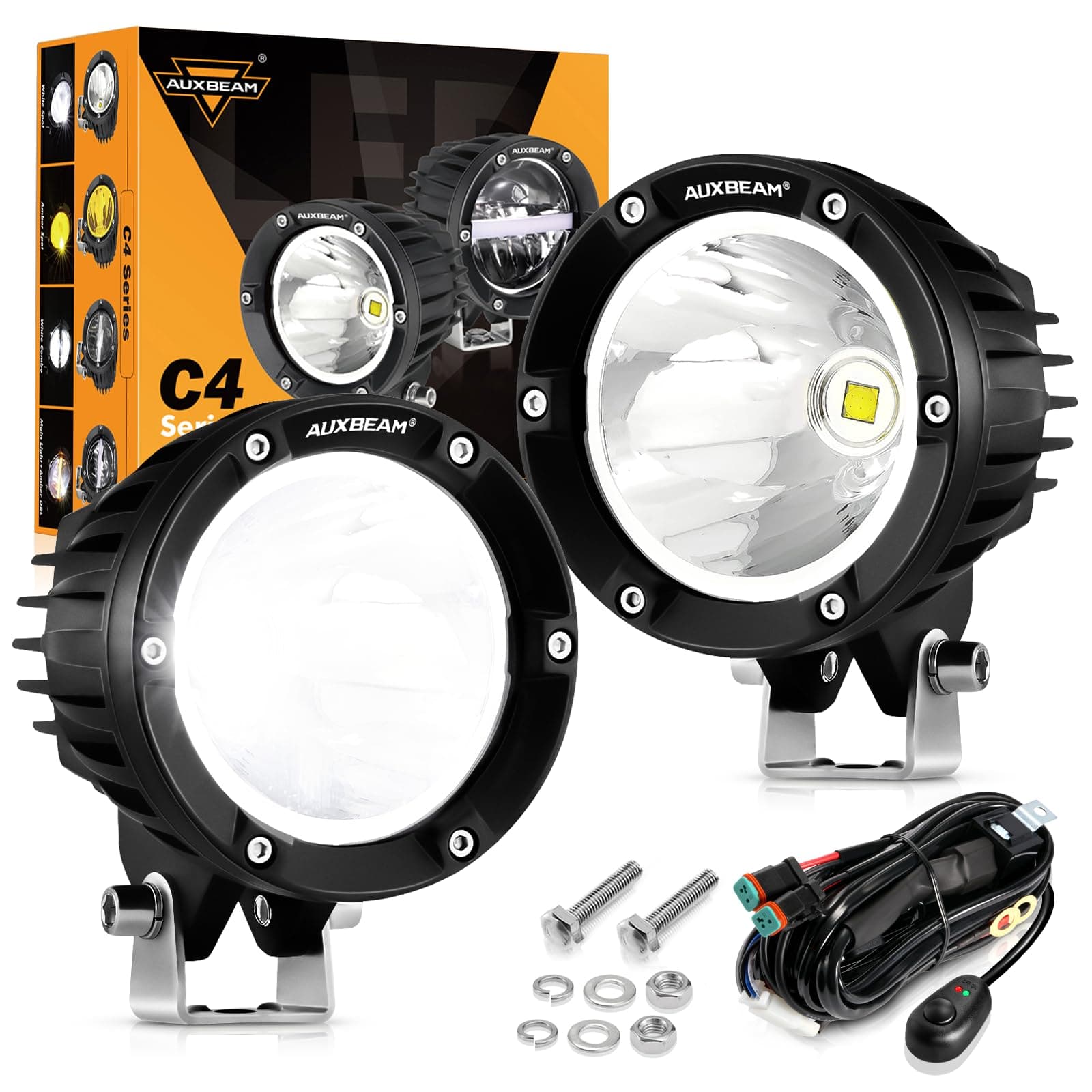 4 Inch 72W Round Offroad LED Pod Lights - 2PCS 7200LM Spot Driving Fog Work Light With Wiring Harness for Jeep Vehicle Truck SVU Motorcycle UTV (White Beam)