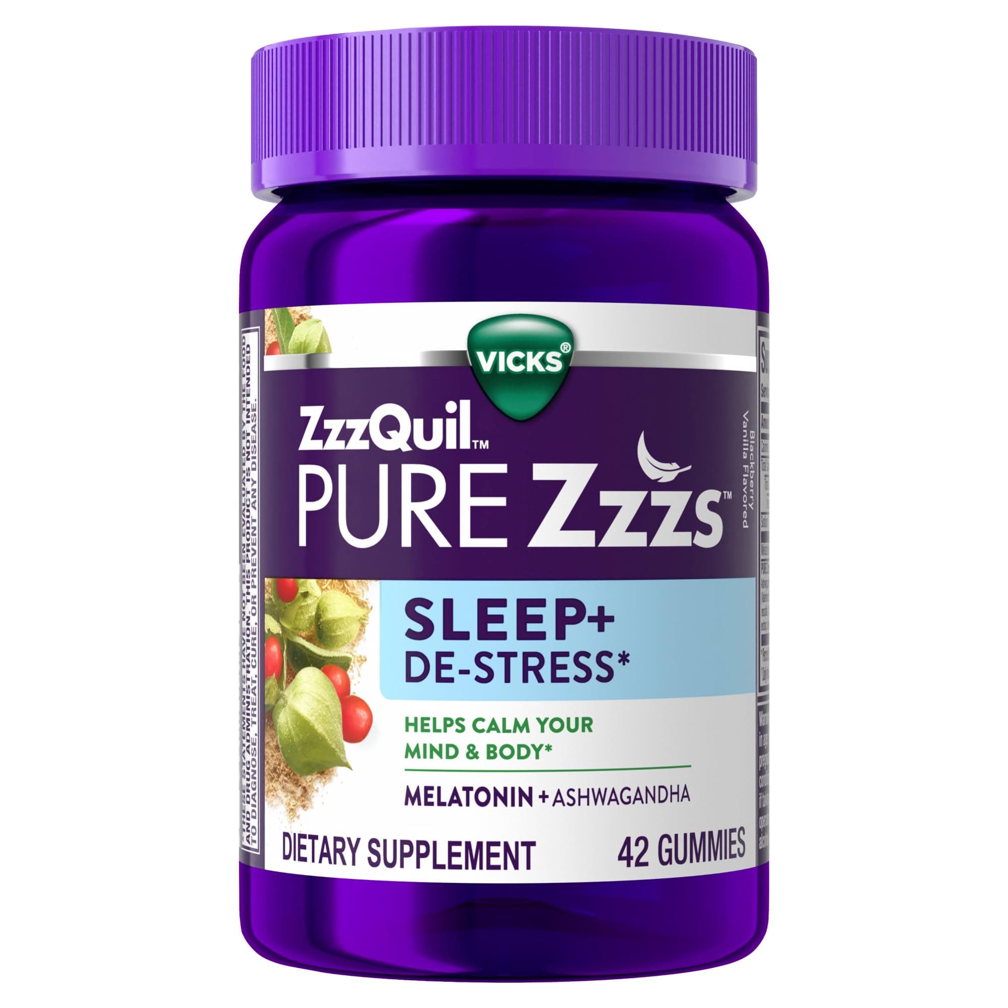 PURE Zzzs De-Stress Melatonin Sleep Aid Gummies, Helps Calm Your Mind and Body, Ashwagandha for Stress Support, Sleep Aids for Adults, 1 mg per gummy, 42 Count