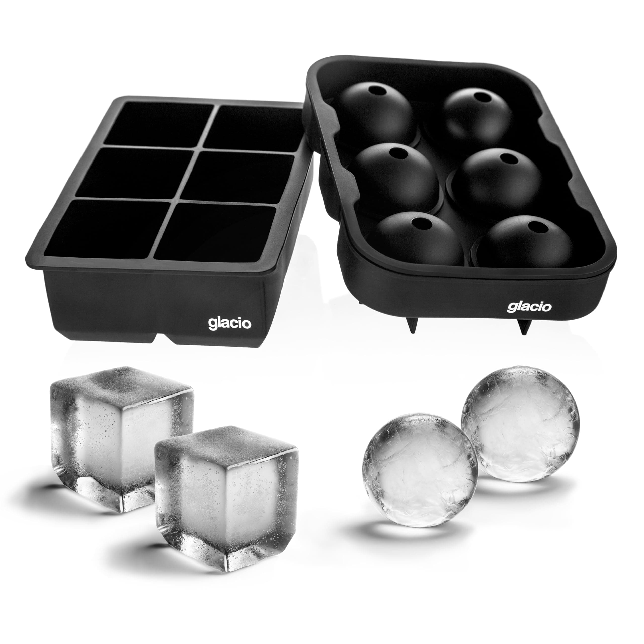 glacioIce Cube Trays Silicone Combo Mold - Set of 2, Sphere Ice Ball Maker with Lid & Large Square Molds, Reusable and BPA Free