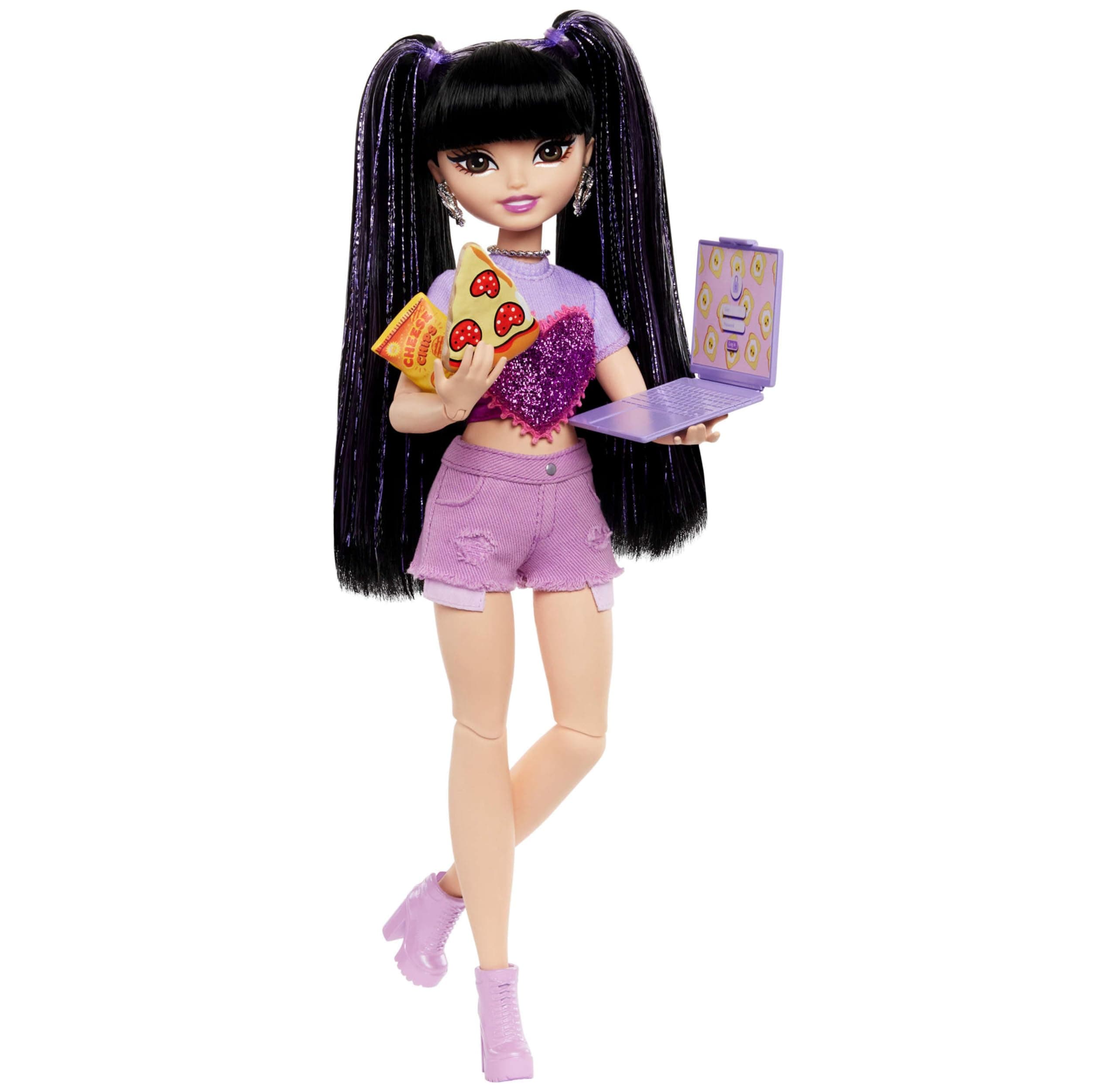 Barbie Dream Besties Doll & Accessories Playset, Renee with Long Black Hair, 11 Food & Video-Themed Pieces, HYC24