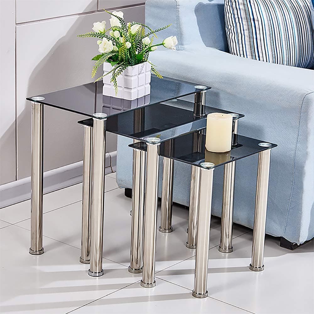 Huiseneu Modern Living Room Nesting Table Coffee Table Black Glass Set of 3, Small Sofa Side Table Tea Snack Table Little Corner End Table Home Furniture (Rectangular Black Glass)