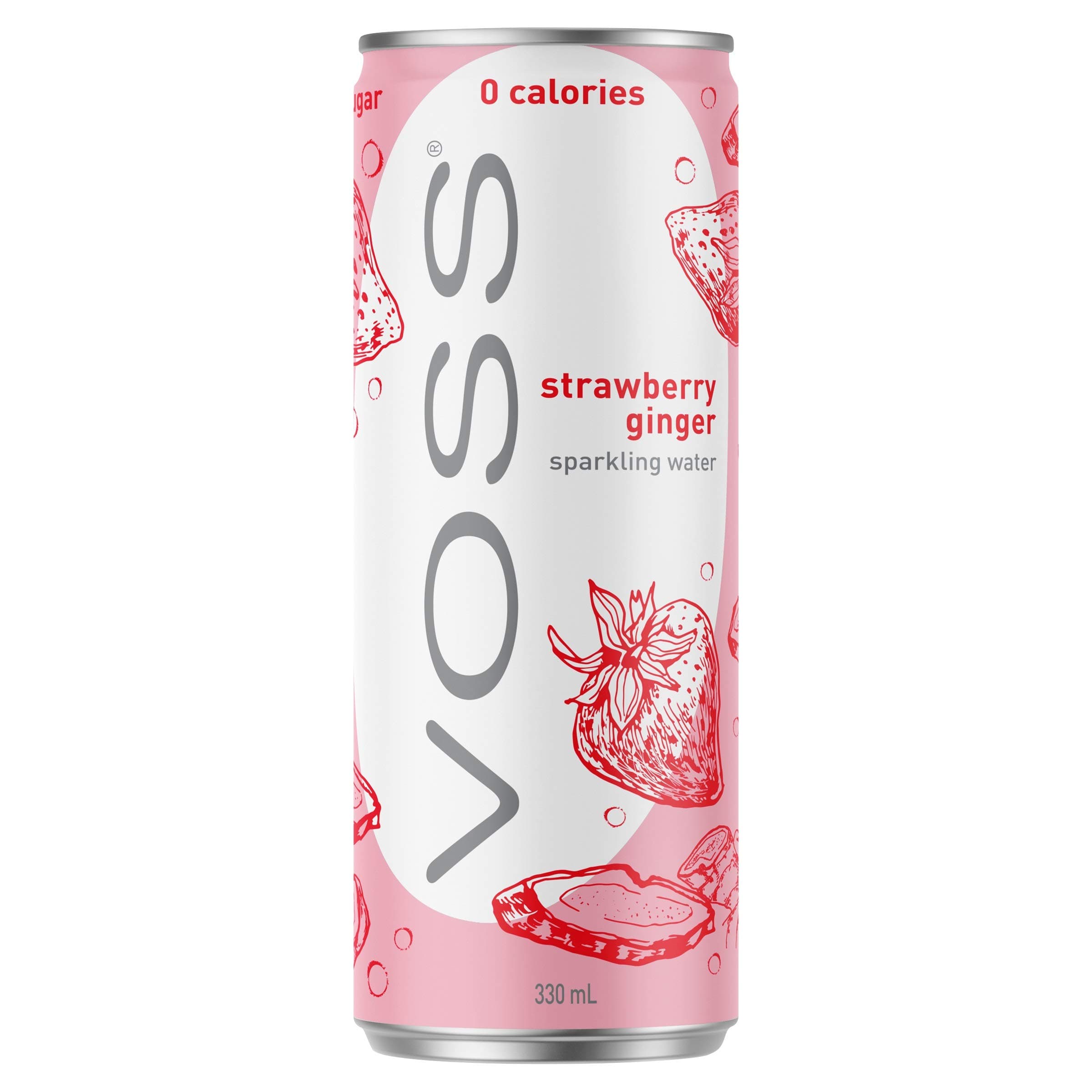 VOSS Strawberry Ginger Flavoured Sparkling Water Can 330 ml, Pack of 24