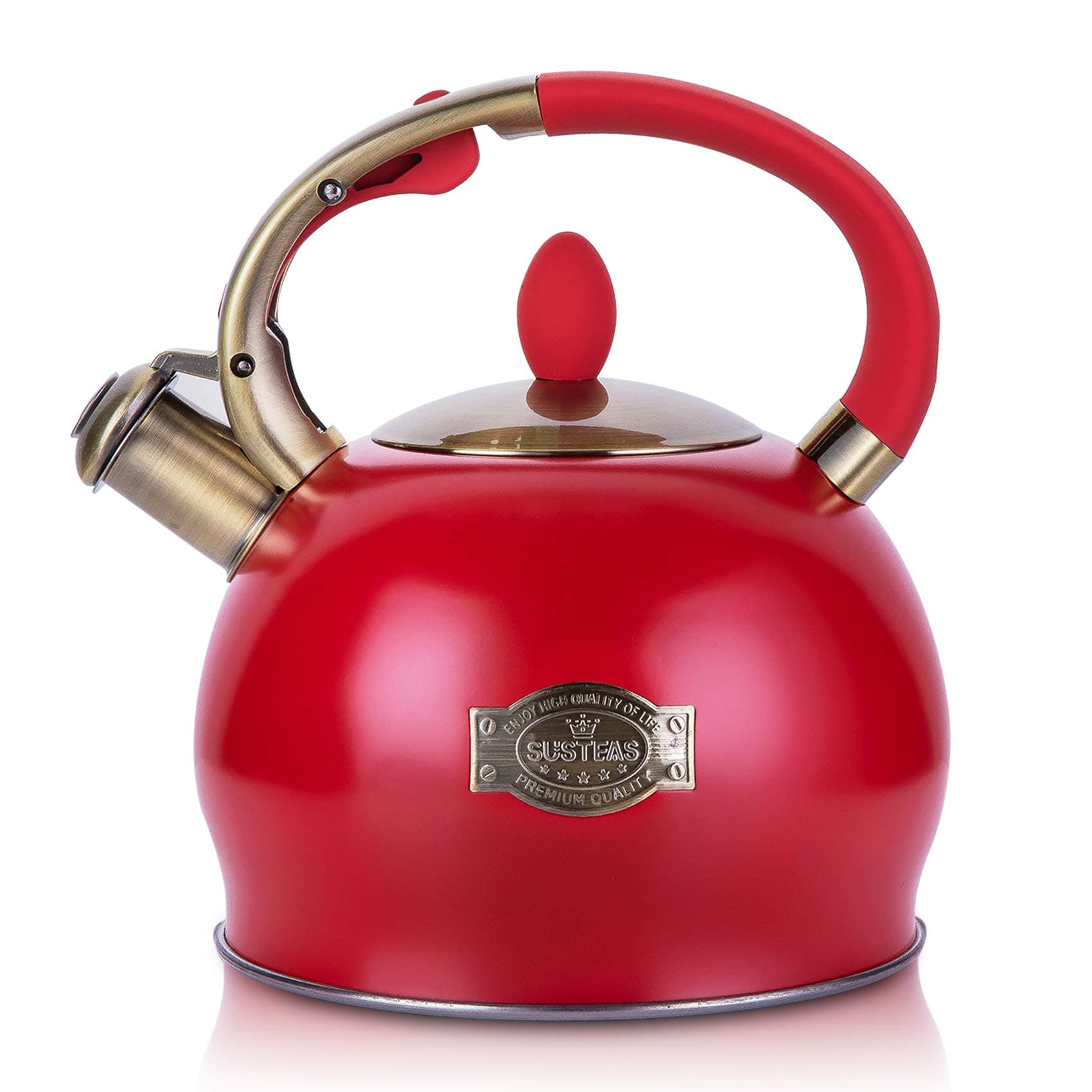 Stove Top Whistling Tea Kettle - Food Grade Stainless Steel Teakettle Teapot with Cool Touch Ergonomic Handle, With 1 Silicone Pinch Mitt Included, 2.64 Quart(RED)